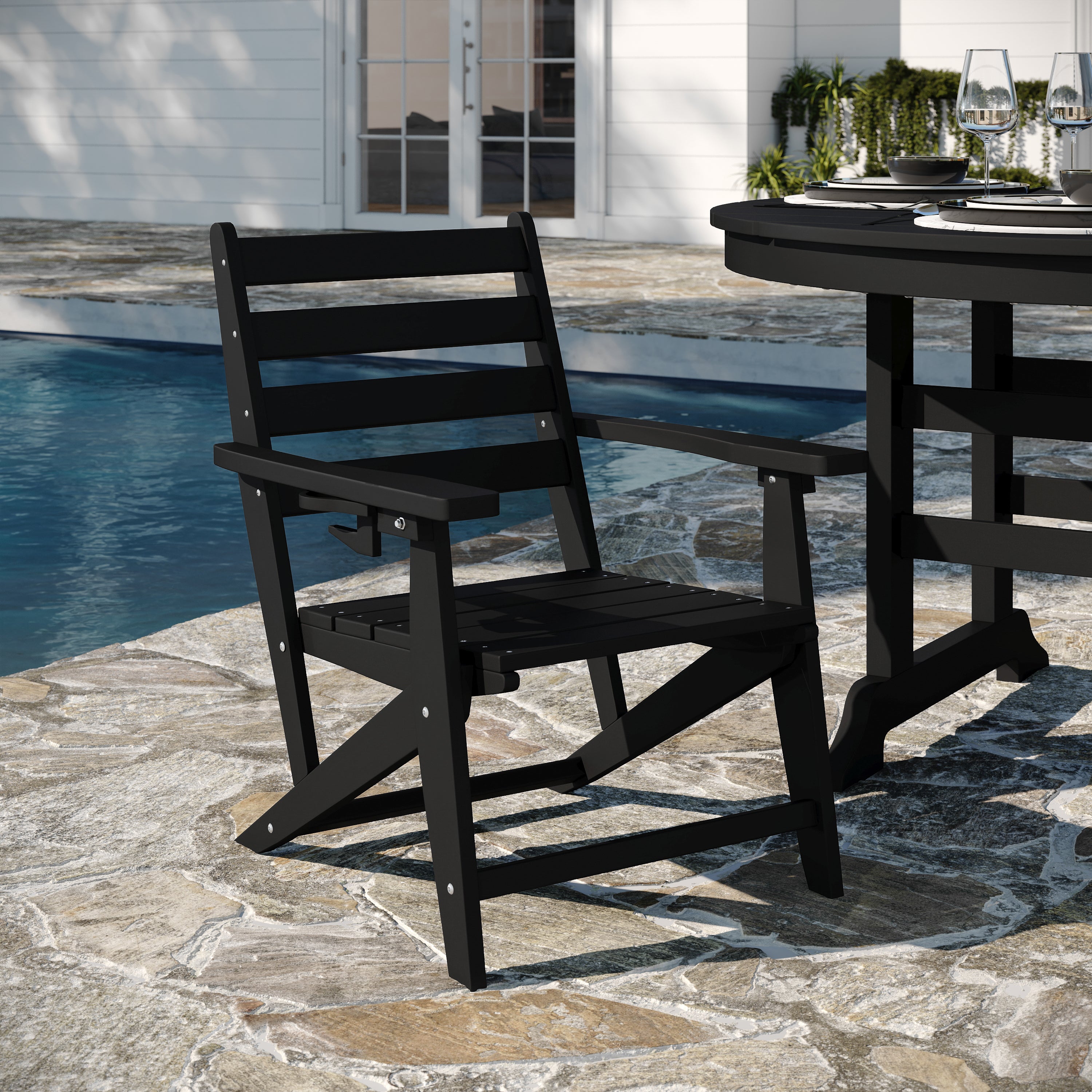 Tolleson Commercial 5 Piece Adirondack Dining Set with 48" Round Indoor/Outdoor Recycled HDPE Table and 4 Chairs with Cupholders in Black