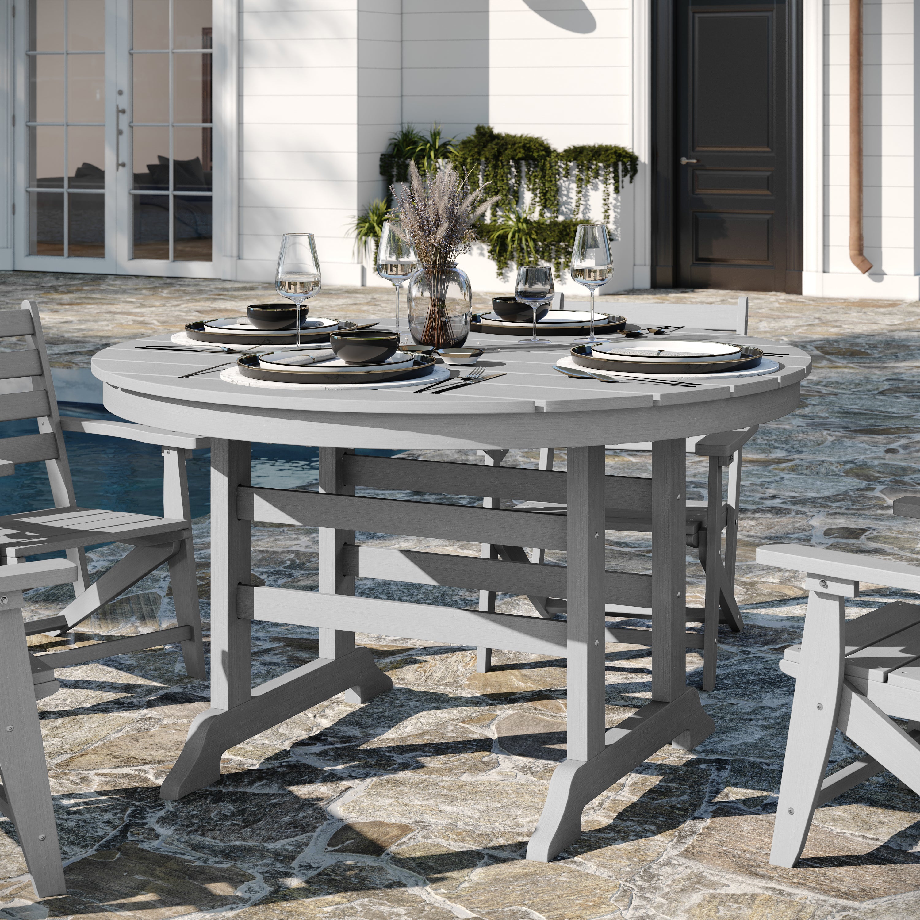 Tolleson Commercial 5 Piece Adirondack Dining Set with 48" Round Indoor/Outdoor Recycled HDPE Table and 4 Chairs with Cupholders in Gray