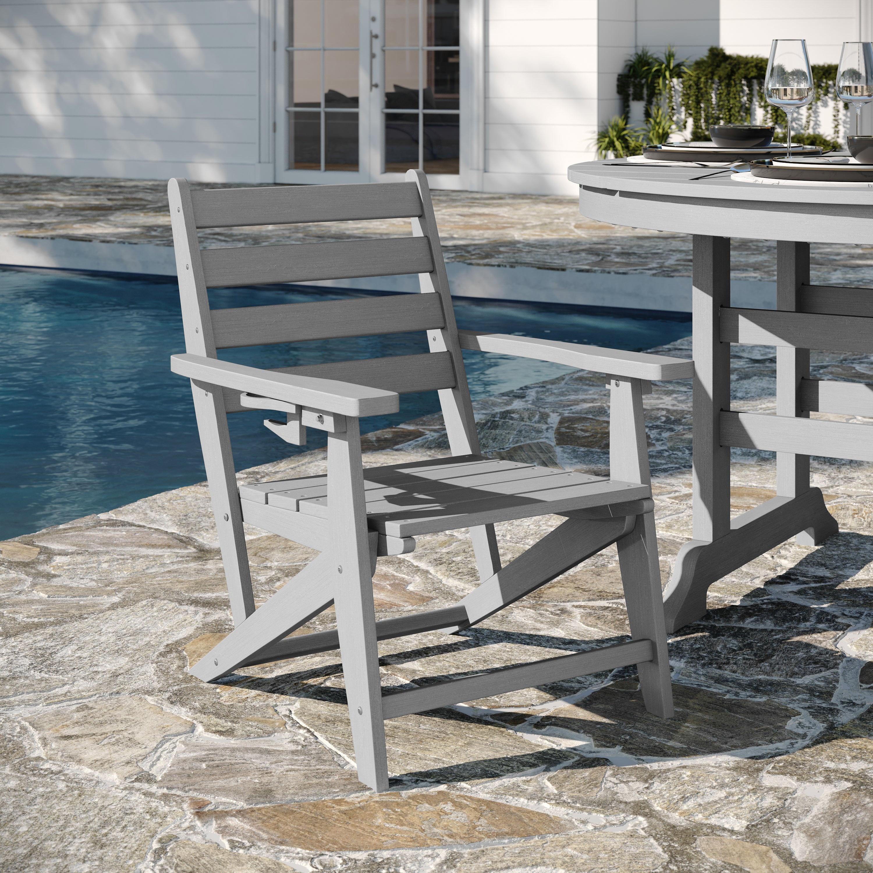 Tolleson Commercial 5 Piece Adirondack Dining Set with 48" Round Indoor/Outdoor Recycled HDPE Table and 4 Chairs with Cupholders in Gray