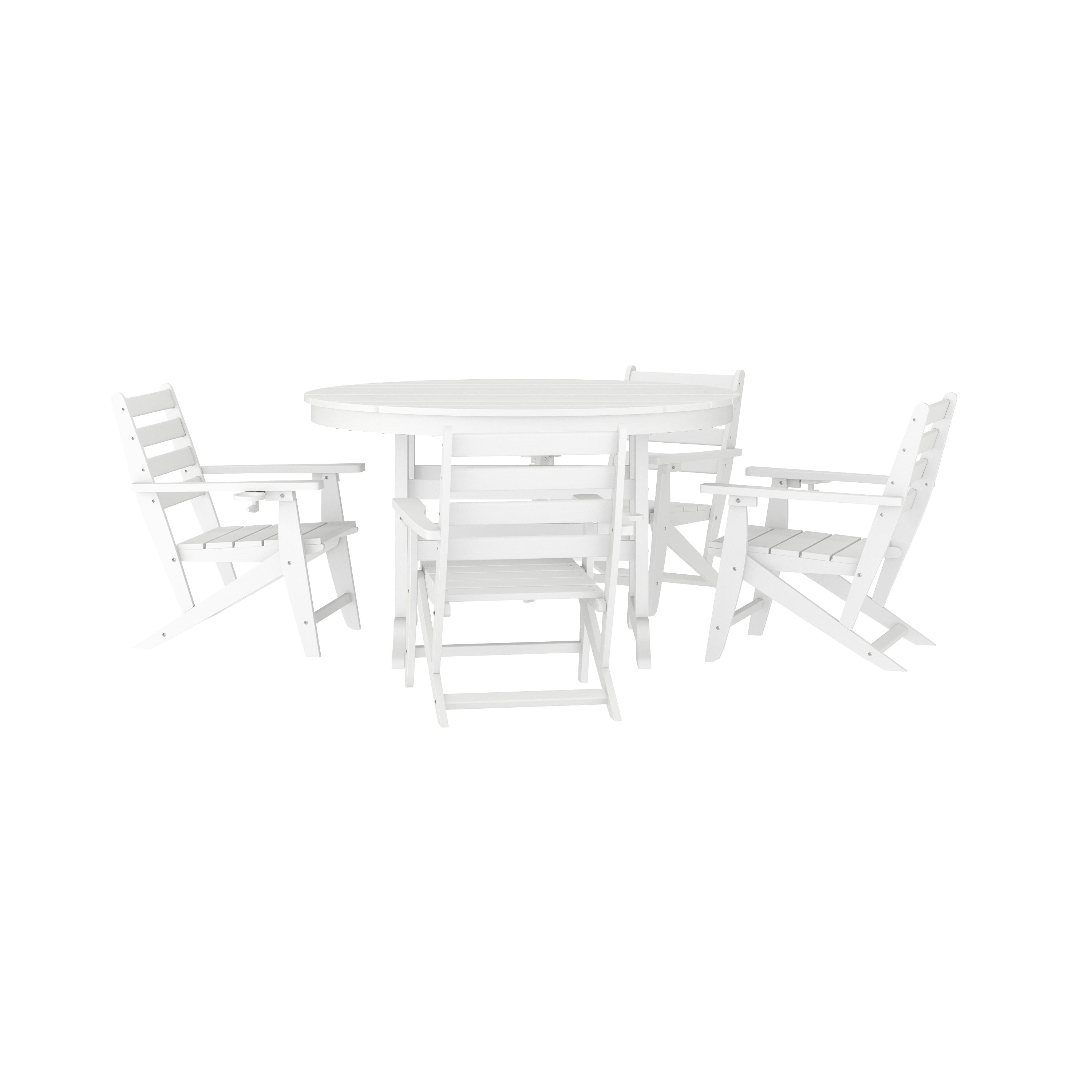 Tolleson Commercial 5 Piece Adirondack Dining Set with 48" Round Indoor/Outdoor Recycled HDPE Table and 4 Chairs with Cupholders in White