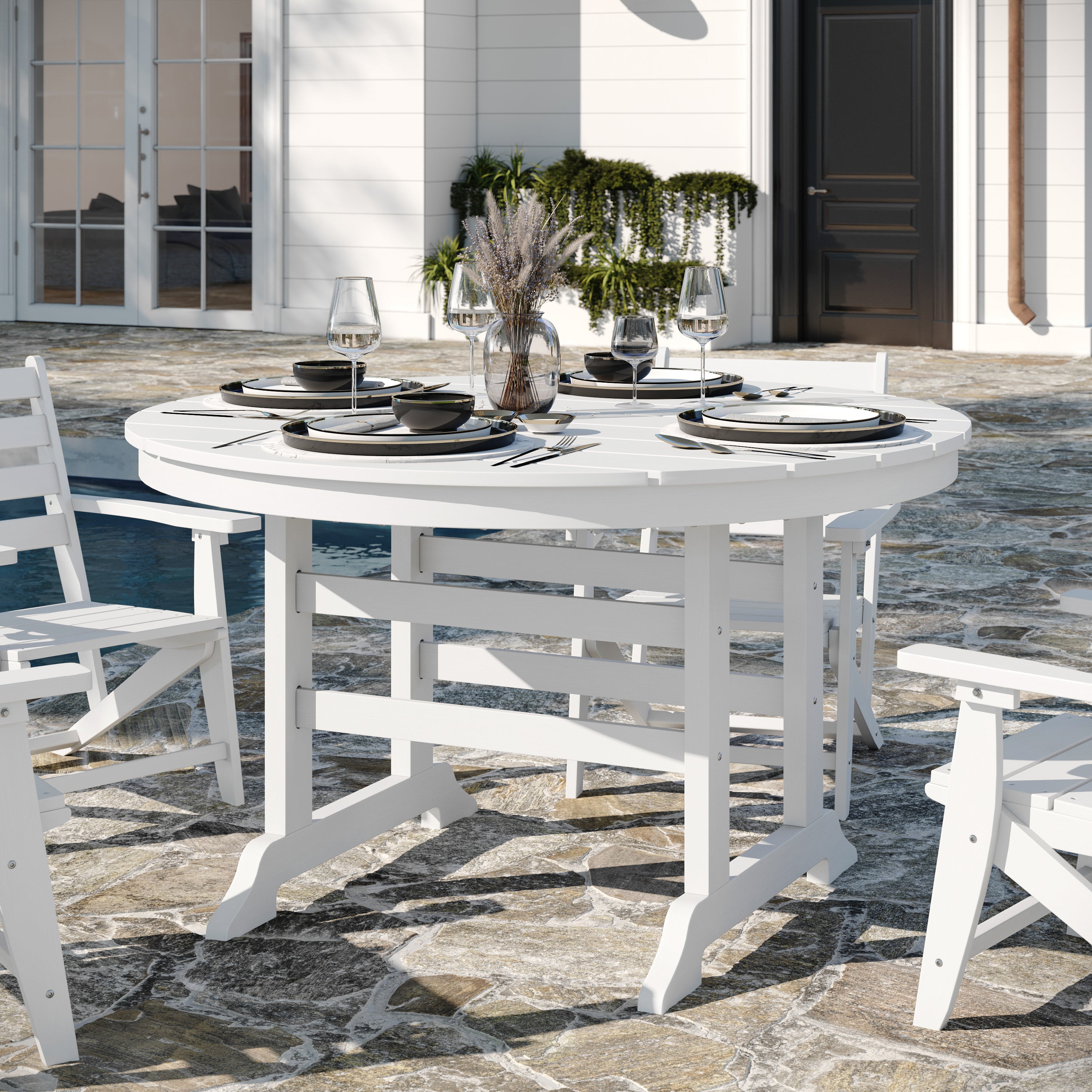 Tolleson Commercial 5 Piece Adirondack Dining Set with 48" Round Indoor/Outdoor Recycled HDPE Table and 4 Chairs with Cupholders in White