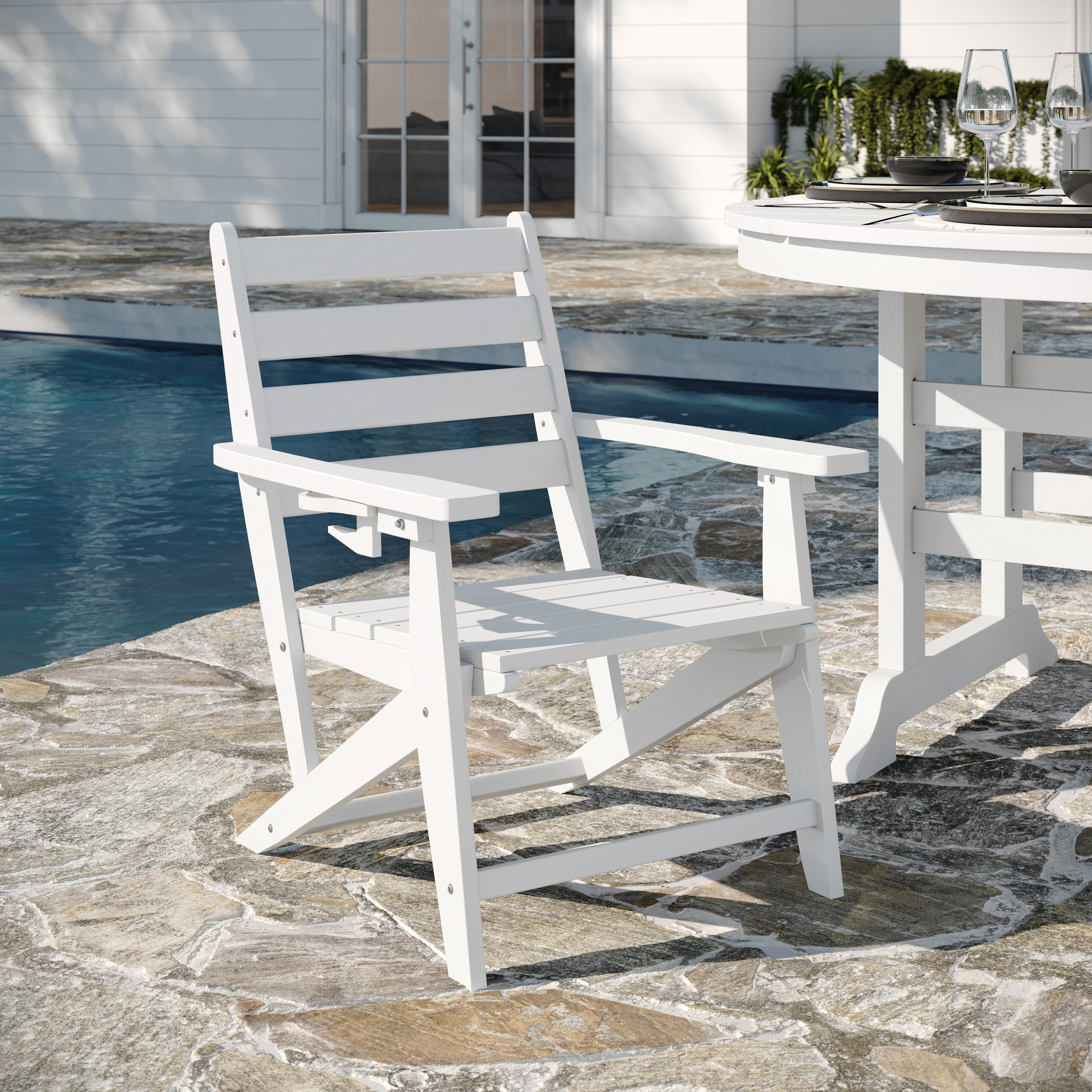 Tolleson Commercial 5 Piece Adirondack Dining Set with 48" Round Indoor/Outdoor Recycled HDPE Table and 4 Chairs with Cupholders in White