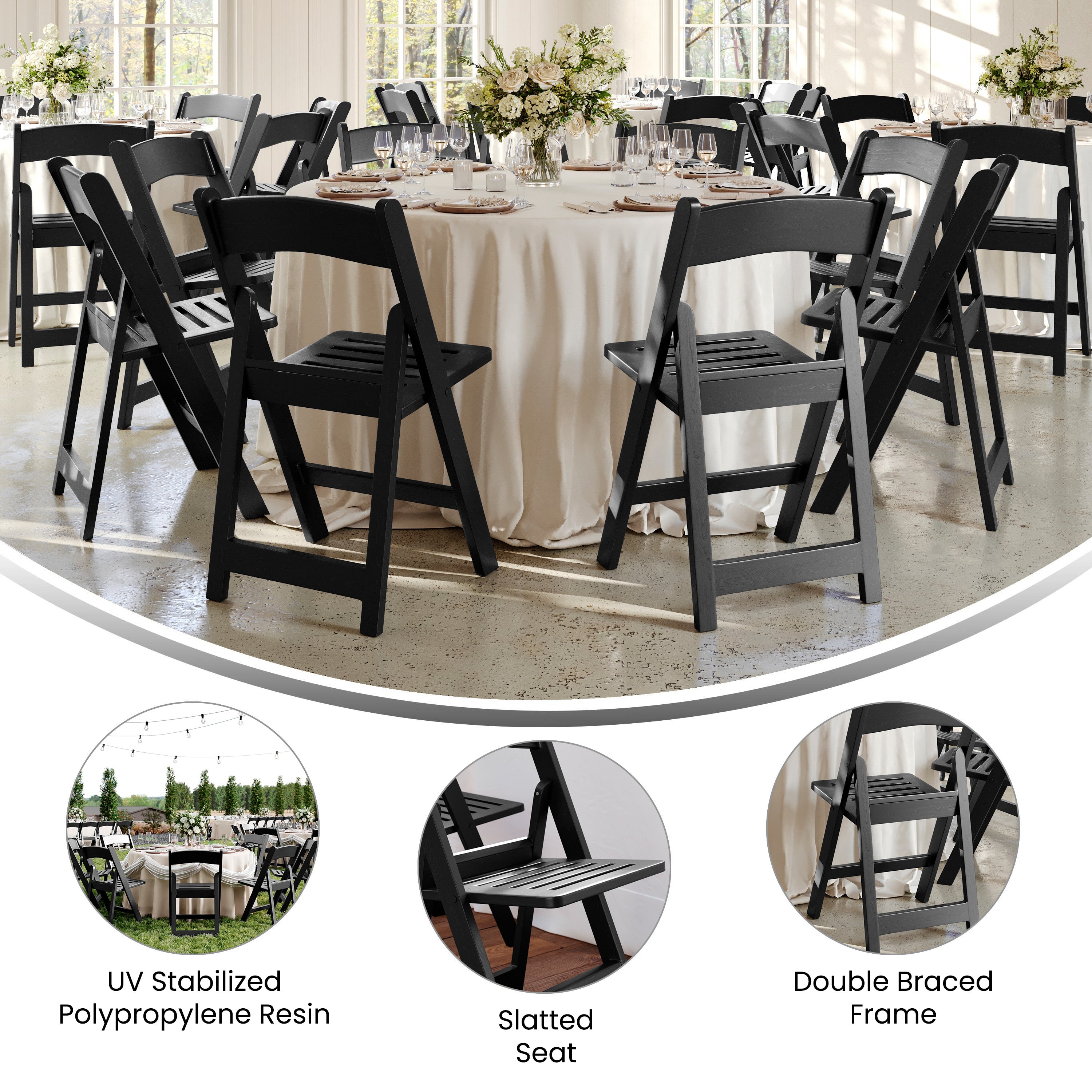 HERCULES Commercial Black Indoor/Outdoor Lightweight Wood Look Resin Folding Event Chair with Slatted Seat