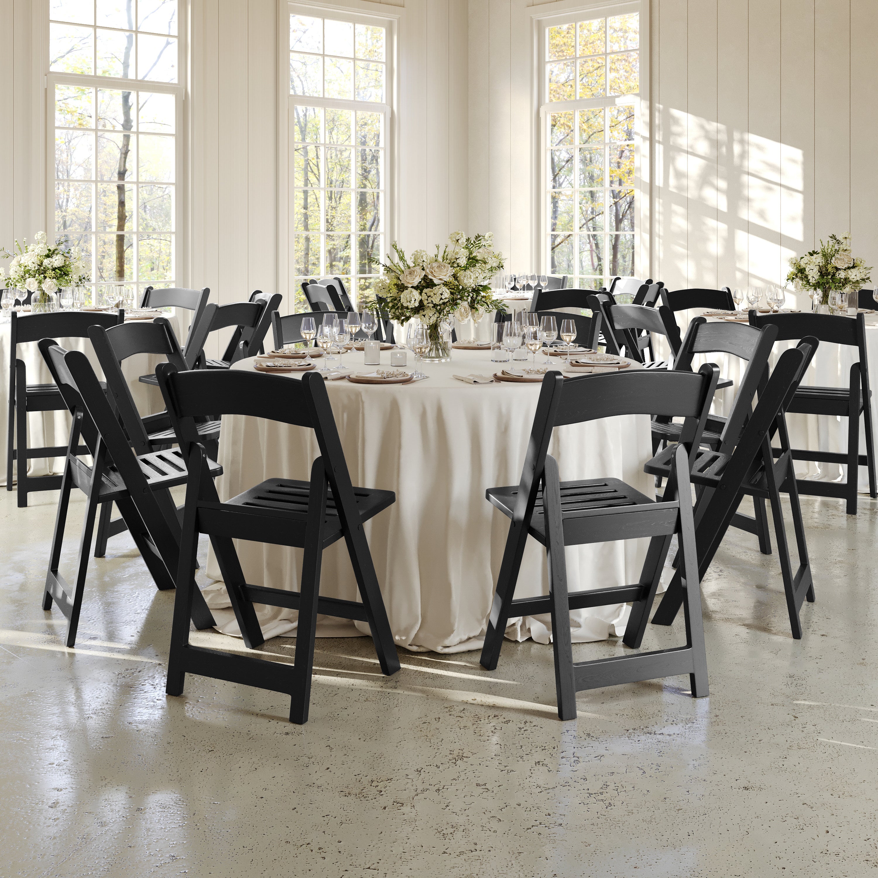 HERCULES Commercial Black Indoor/Outdoor Lightweight Wood Look Resin Folding Event Chair with Slatted Seat
