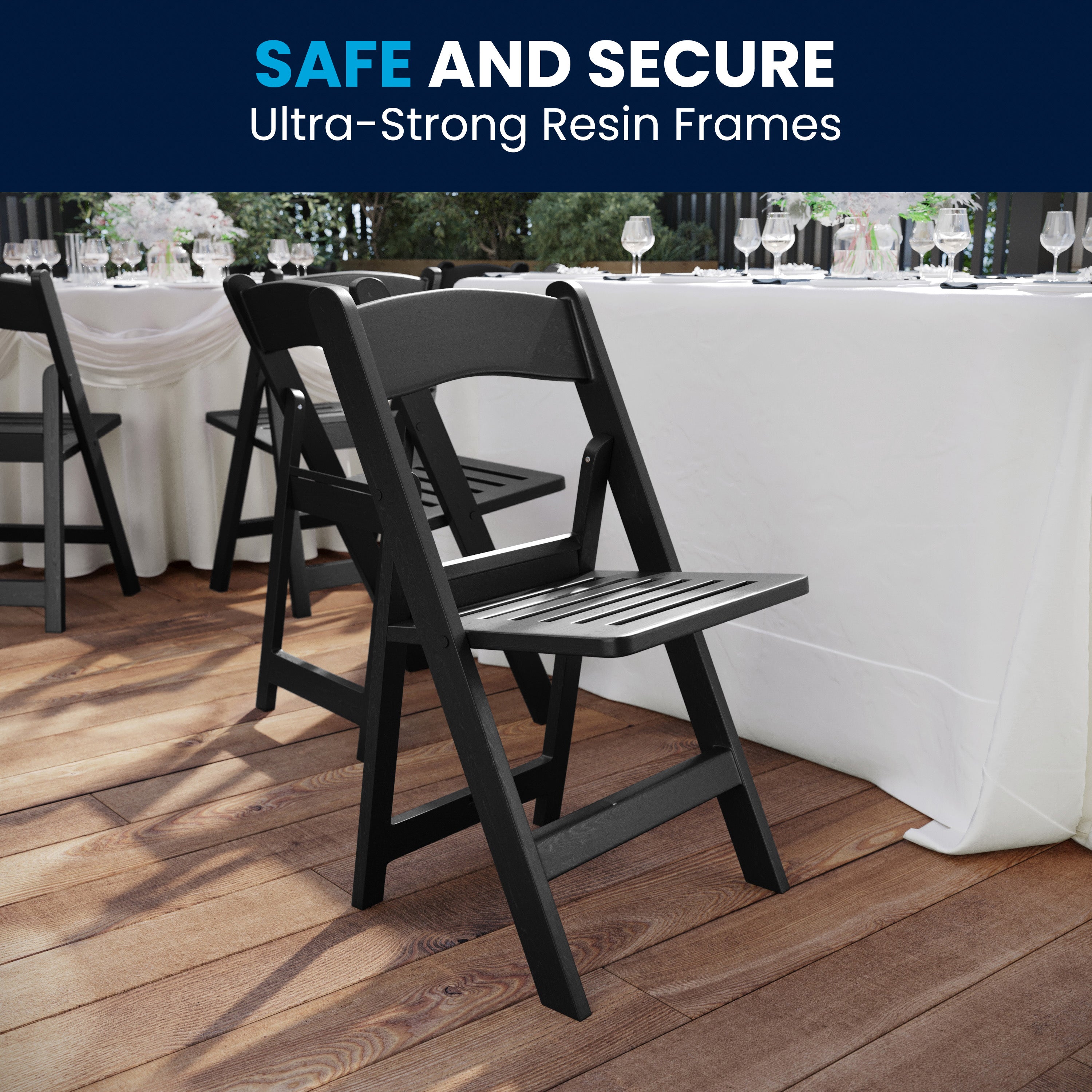 HERCULES Commercial Black Indoor/Outdoor Lightweight Wood Look Resin Folding Event Chair with Slatted Seat