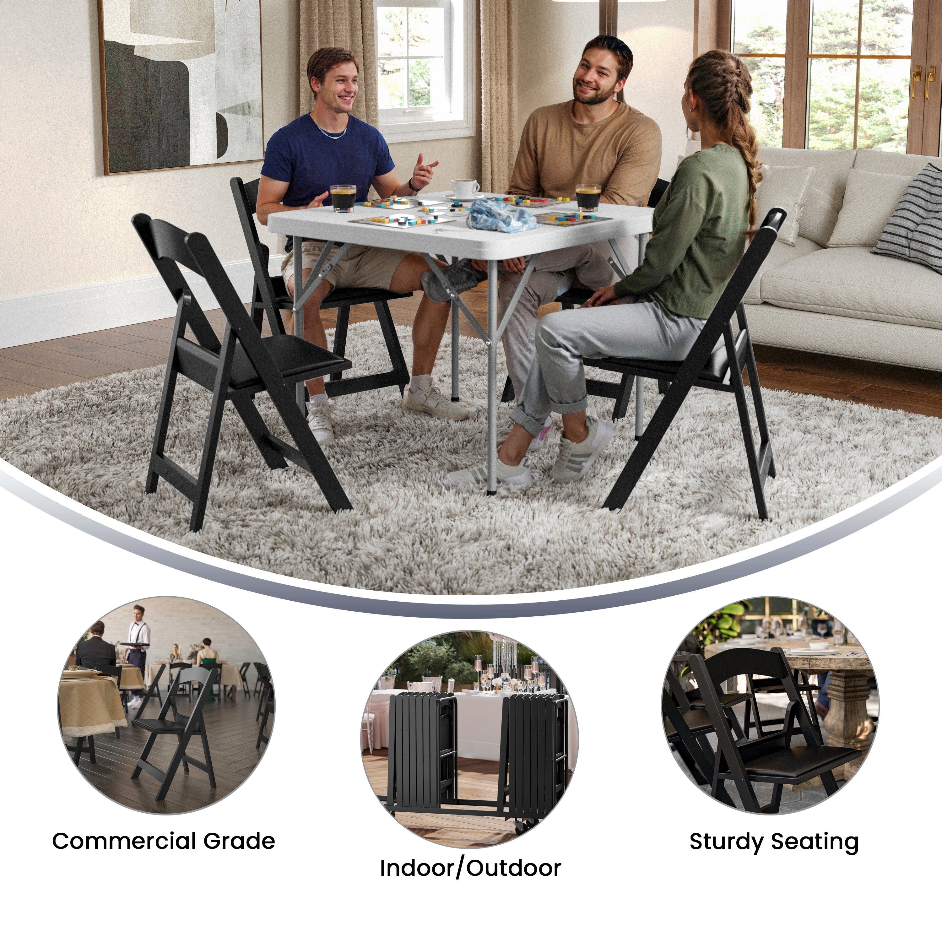 Hercules Folding Chair - Black Resin - 2 Pack 800LB Weight Capacity Comfortable Event Chair - Light Weight Folding Chair