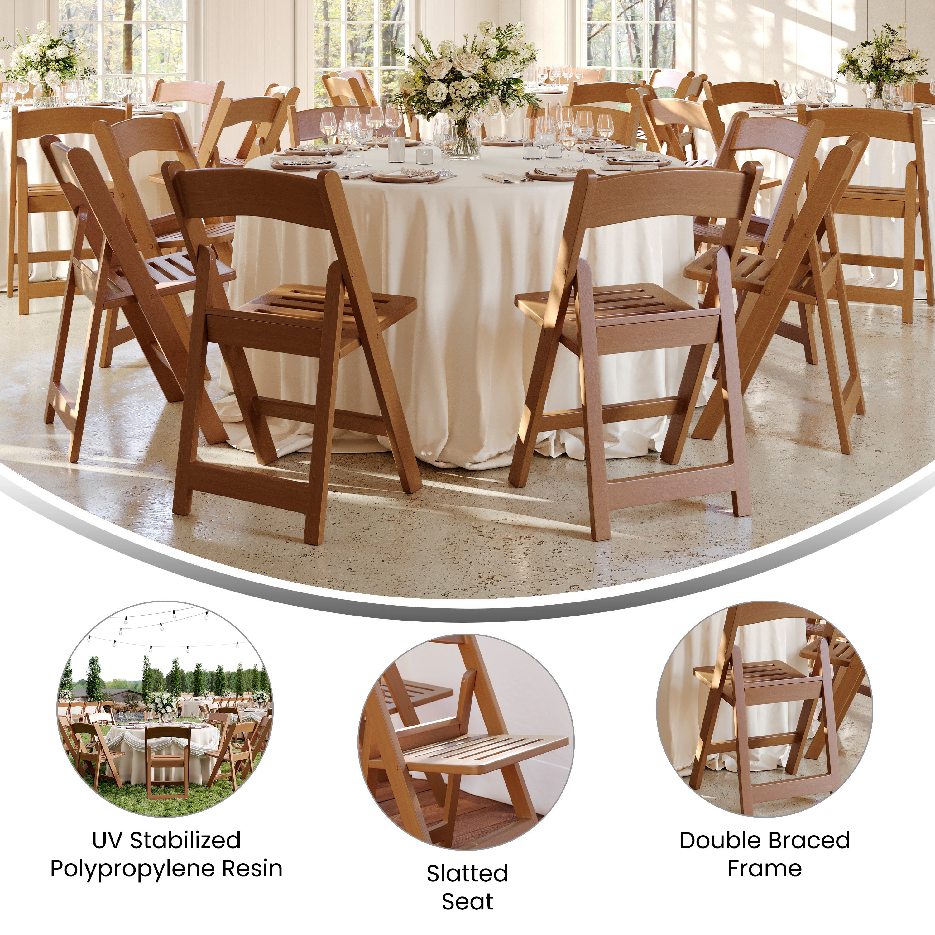 HERCULES Commercial Chestnut Indoor/Outdoor Lightweight Wood Look Resin Folding Event Chair with Slatted Seat