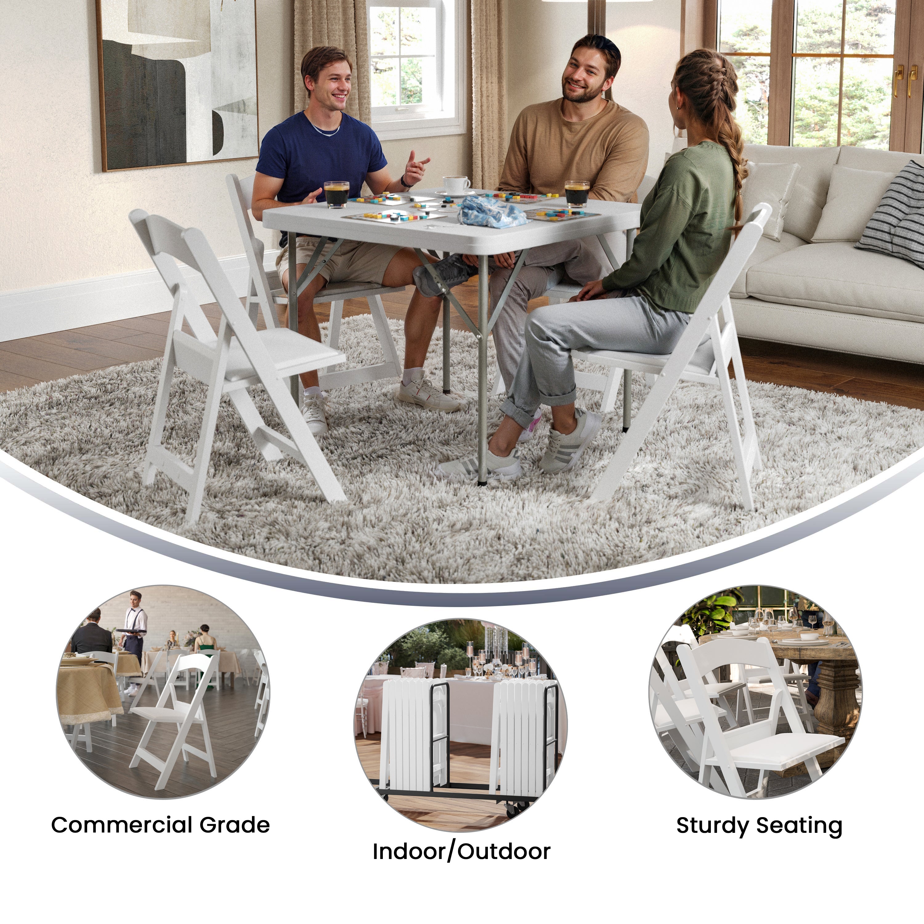 Hercules Folding Chair - White Resin - 2 Pack 800LB Weight Capacity Comfortable Event Chair - Light Weight Folding Chair