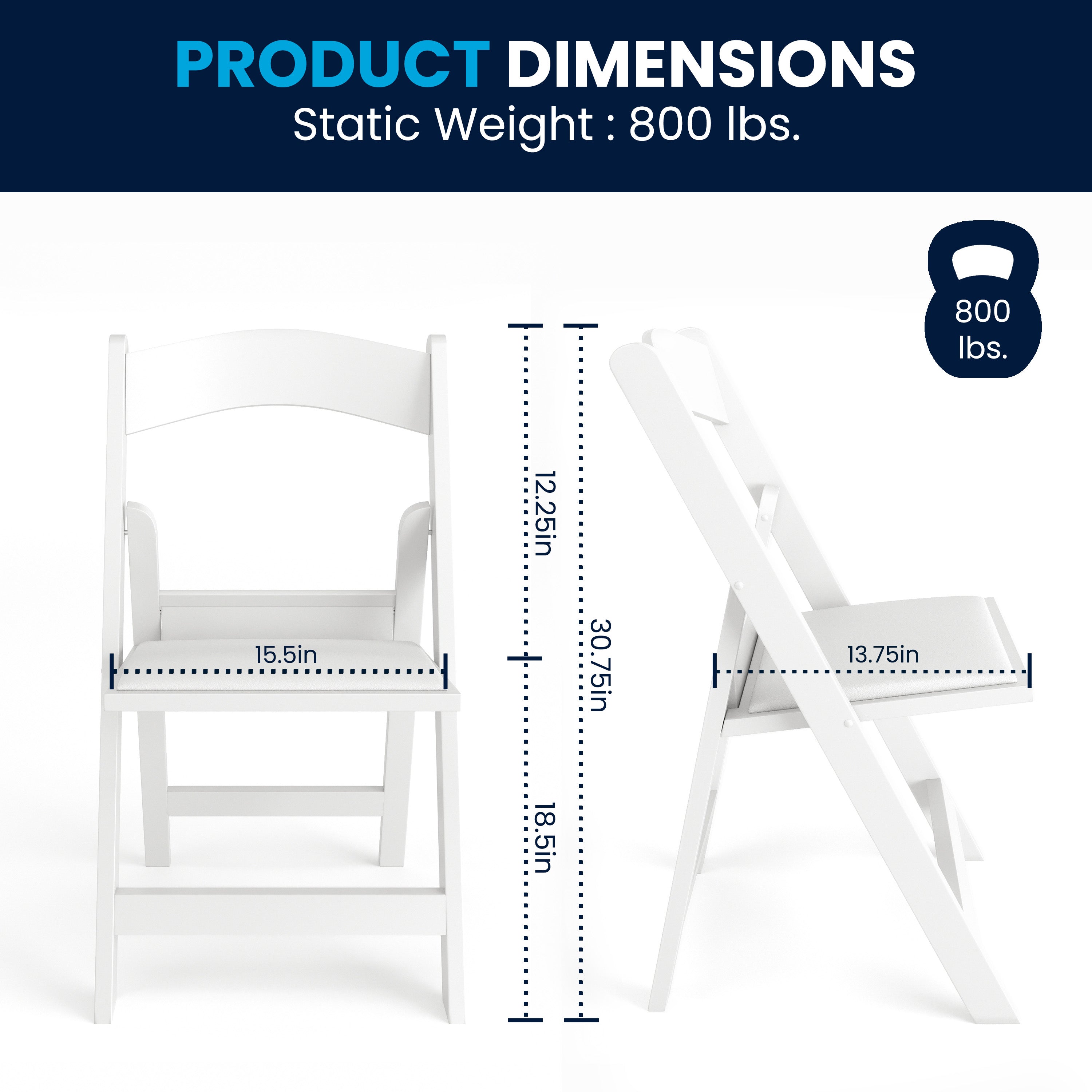 Hercules Folding Chair - White Resin - 2 Pack 800LB Weight Capacity Comfortable Event Chair - Light Weight Folding Chair