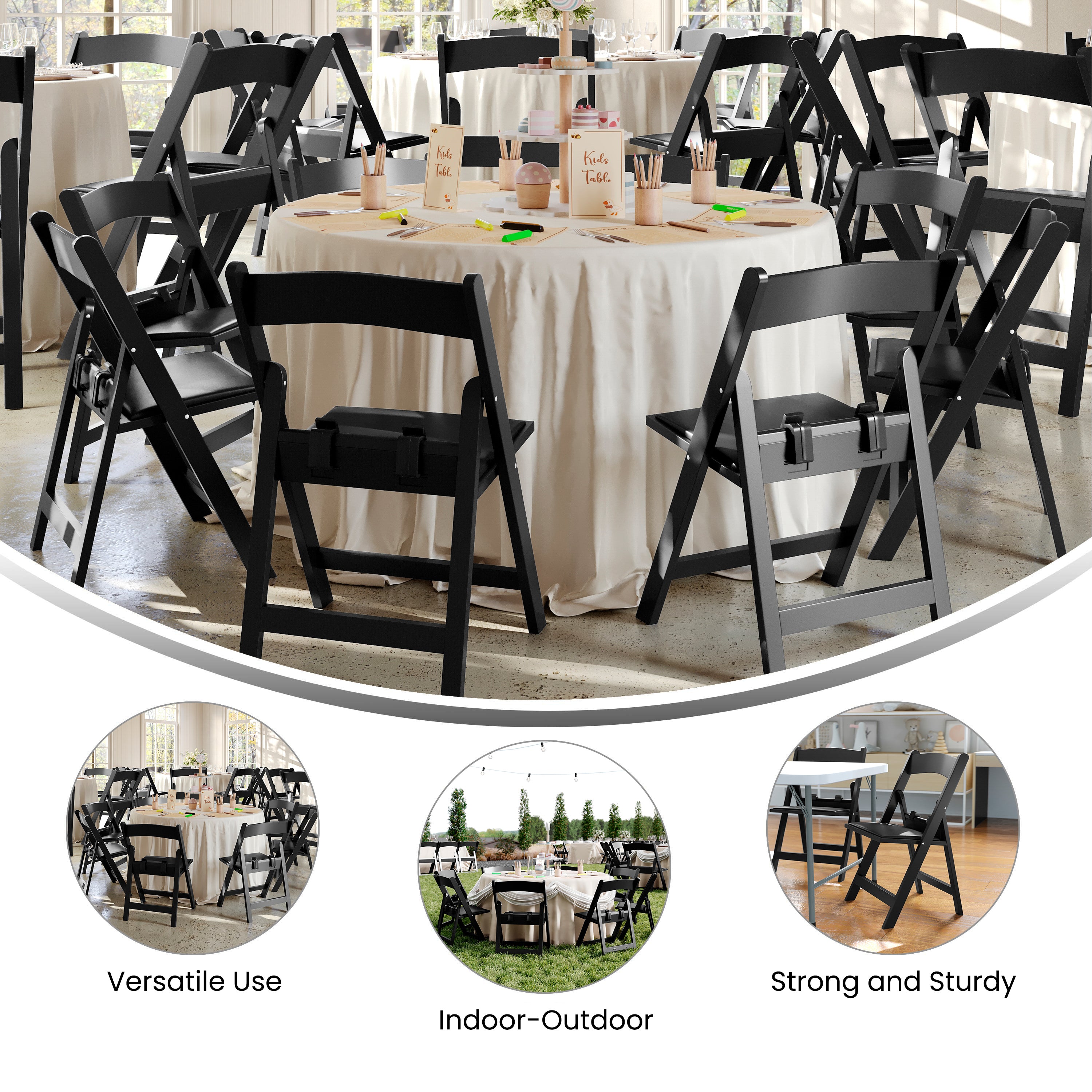 HERCULES Kids Black Resin Folding Chair with Black Vinyl Padded Seat