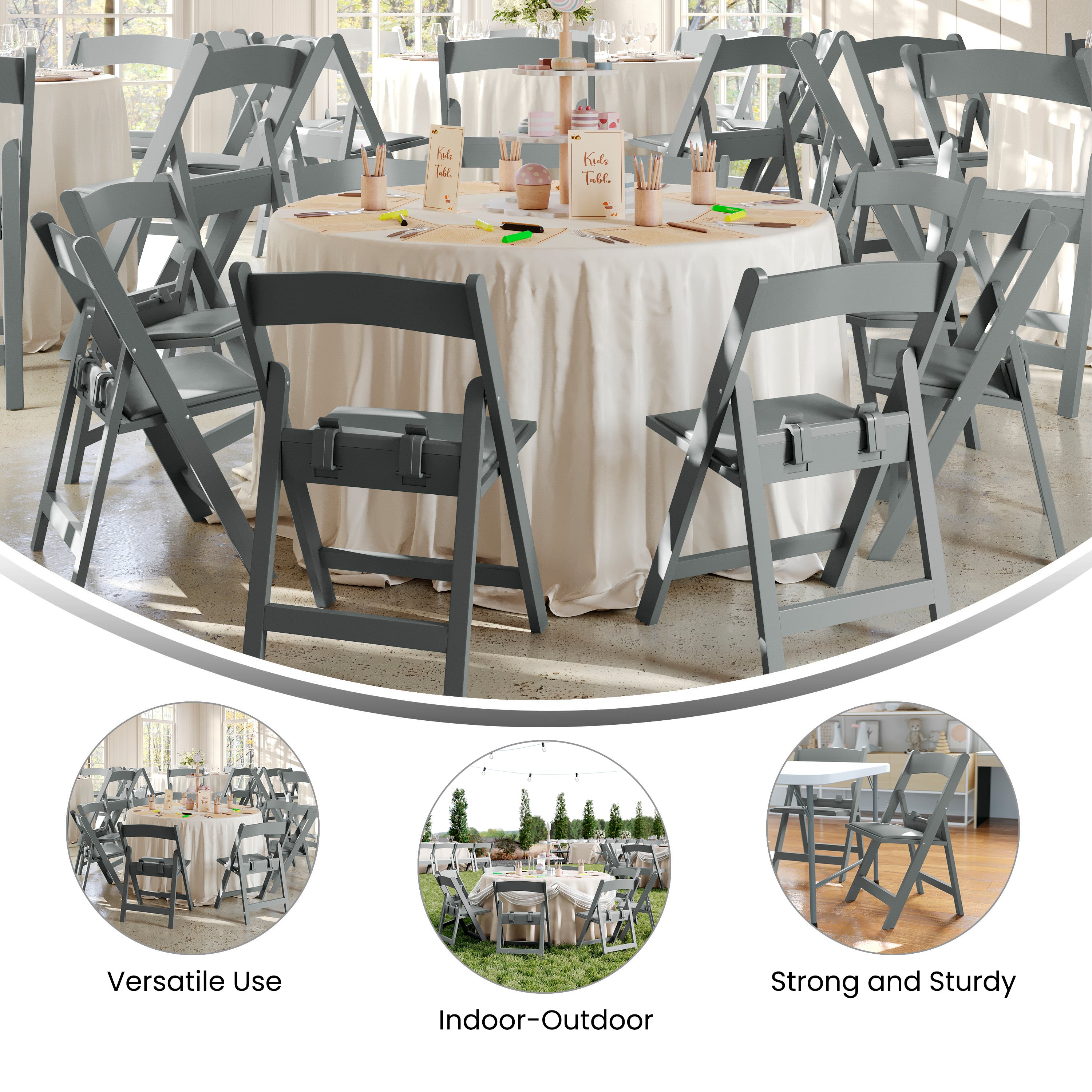 HERCULES Kids Gray Resin Folding Chair with White Gray Padded Seat