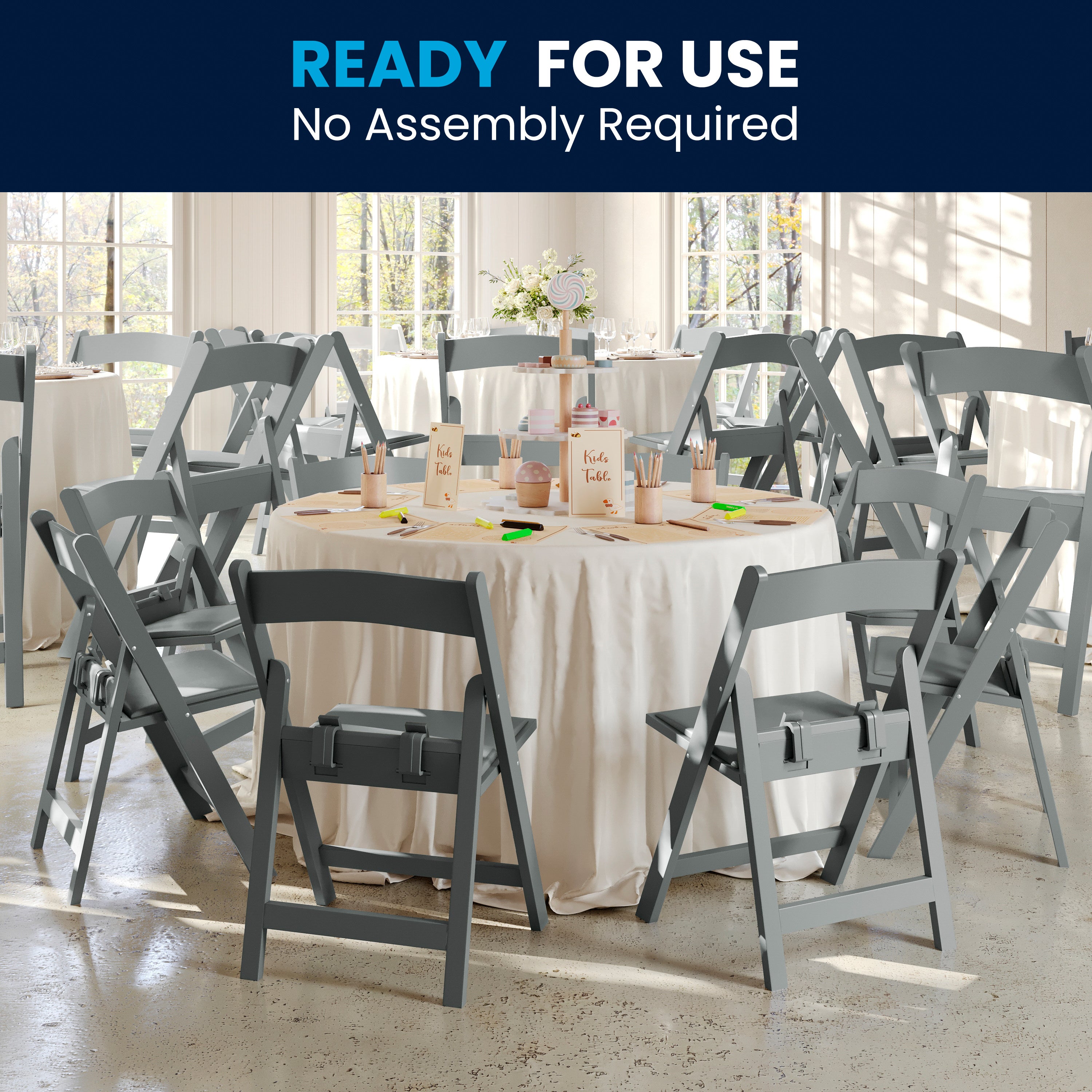 HERCULES Kids Gray Resin Folding Chair with White Gray Padded Seat