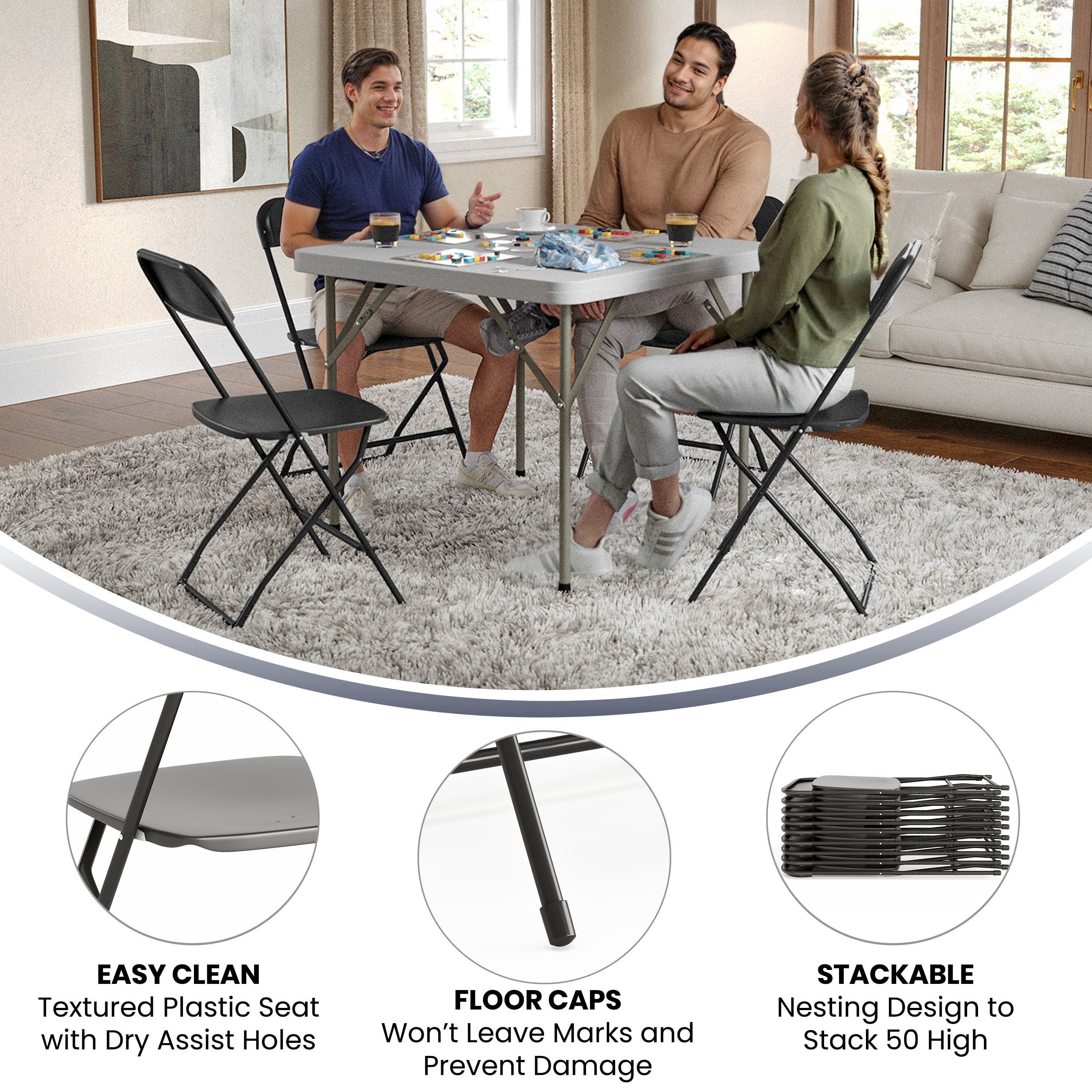 Hercules Series Plastic Folding Chair Black - 2 Pack 650LB Weight Capacity Comfortable Event Chair-Lightweight Folding Chair