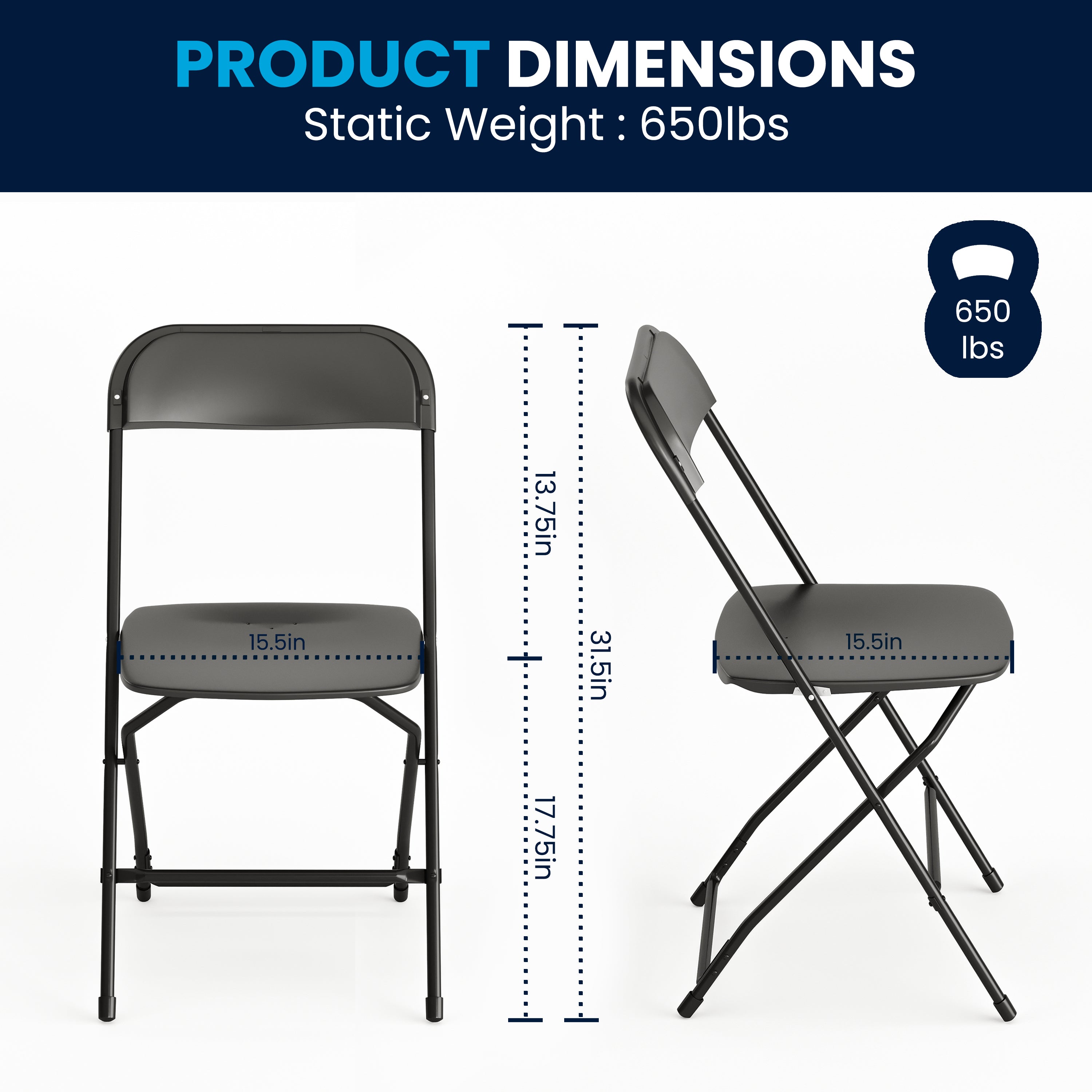Hercules Series Plastic Folding Chair Black - 2 Pack 650LB Weight Capacity Comfortable Event Chair-Lightweight Folding Chair