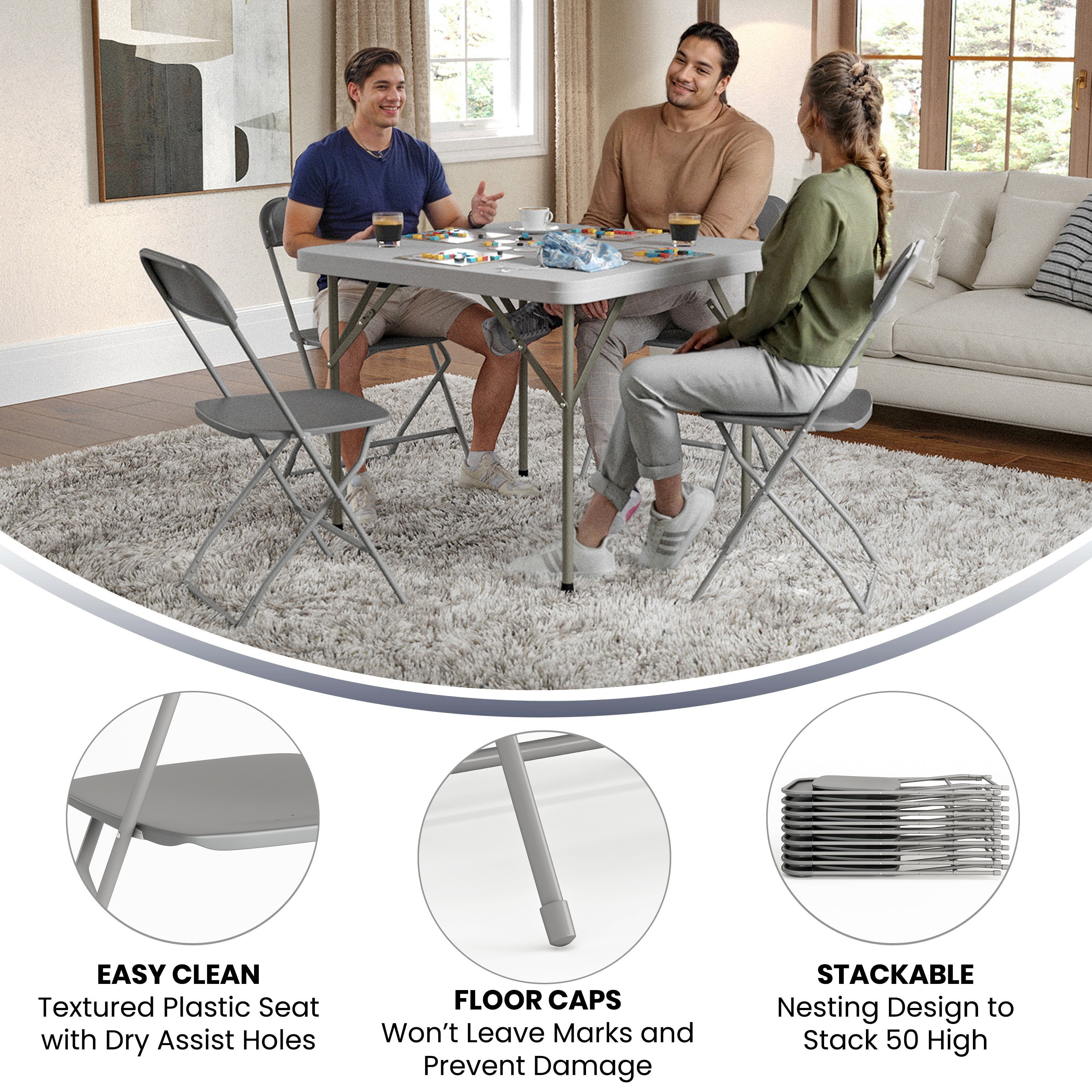 Hercules Series Plastic Folding Chair Grey - 2 Pack 650LB Weight Capacity Comfortable Event Chair-Lightweight Folding Chair