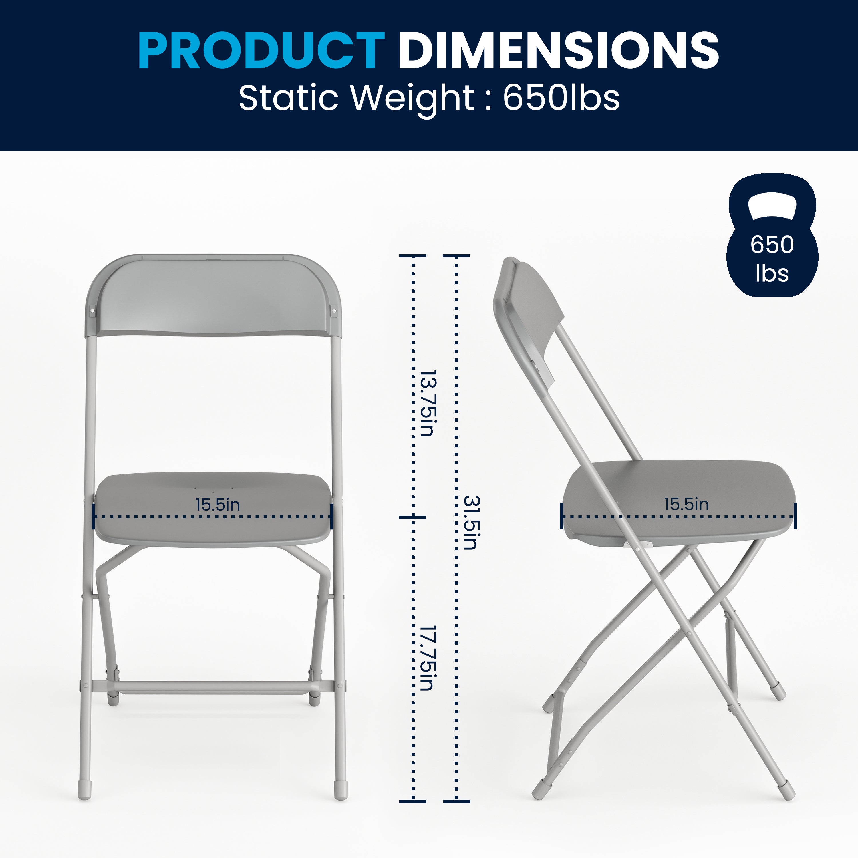 Hercules Series Plastic Folding Chair Grey - 2 Pack 650LB Weight Capacity Comfortable Event Chair-Lightweight Folding Chair