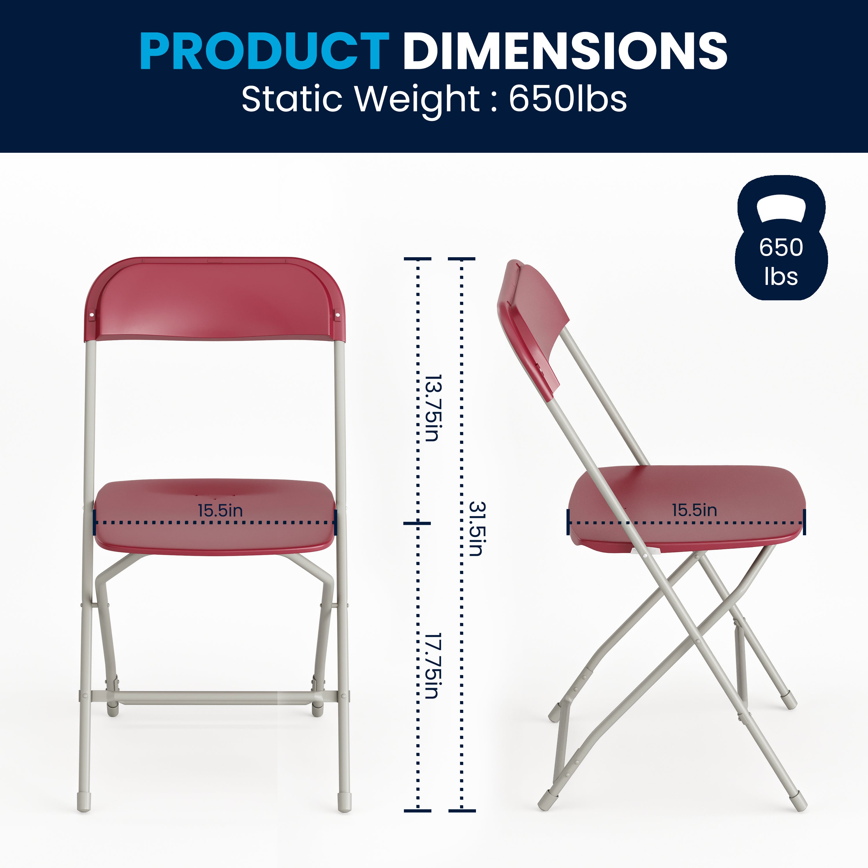Hercules Series Plastic Folding Chair Red - 2 Pack 650LB Weight Capacity Comfortable Event Chair - Lightweight Folding Chair