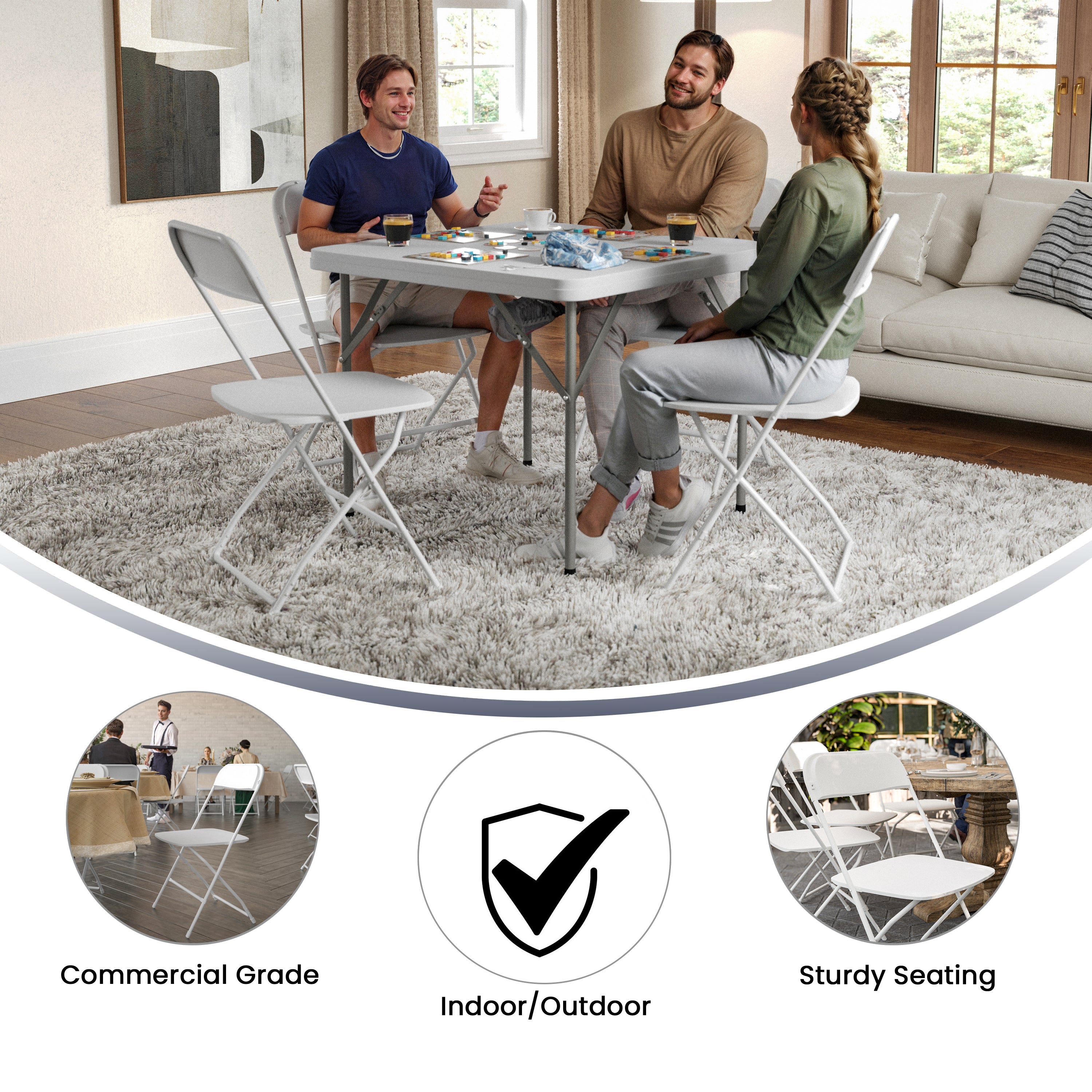 Hercules Big and Tall Commercial Folding Chair - Extra Wide 650LB. Capacity - Durable Plastic - White, 4-Pack