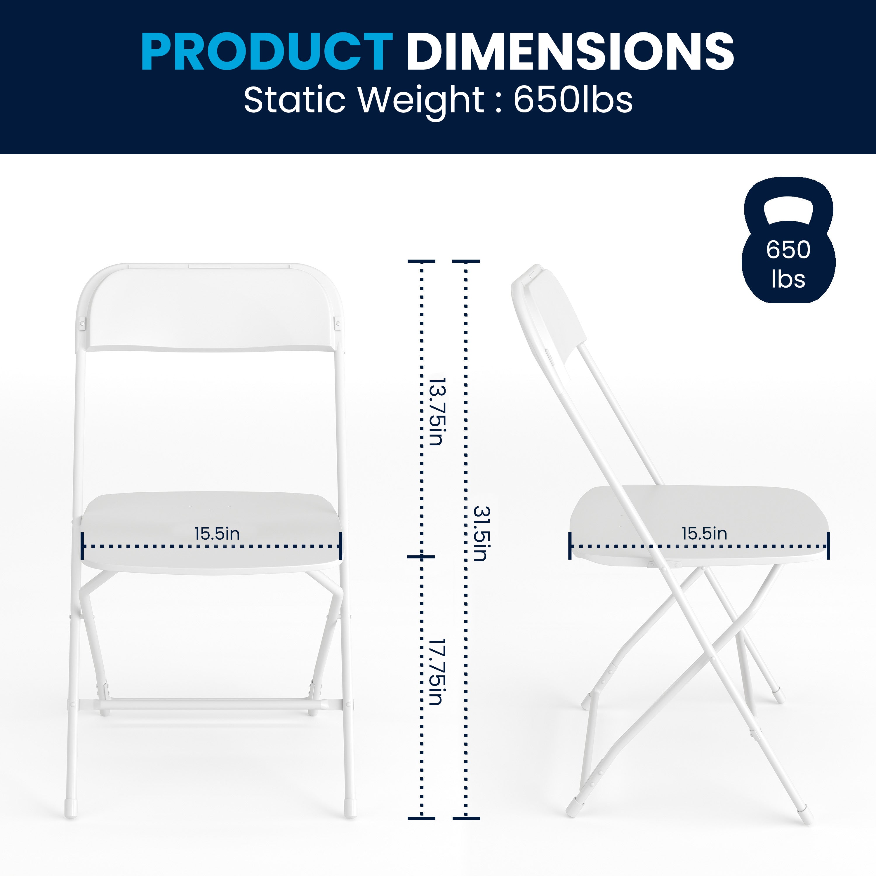 Hercules Series Plastic Folding Chair White - 2 Pack 650LB Weight Capacity Comfortable Event Chair-Lightweight Folding Chair