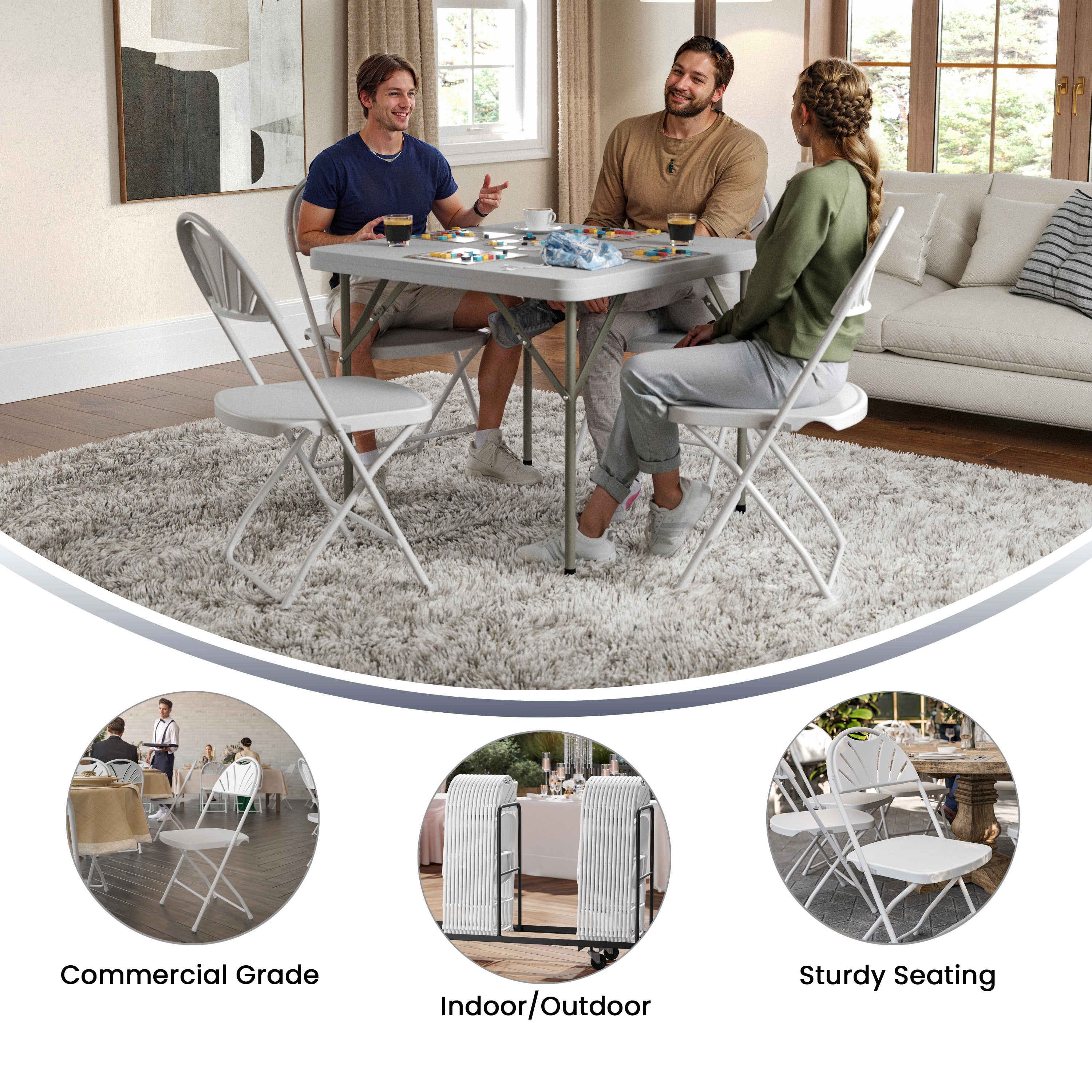 2 Pack HERCULES Series 650 lb. Capacity White Plastic Fan Back Folding Chair
