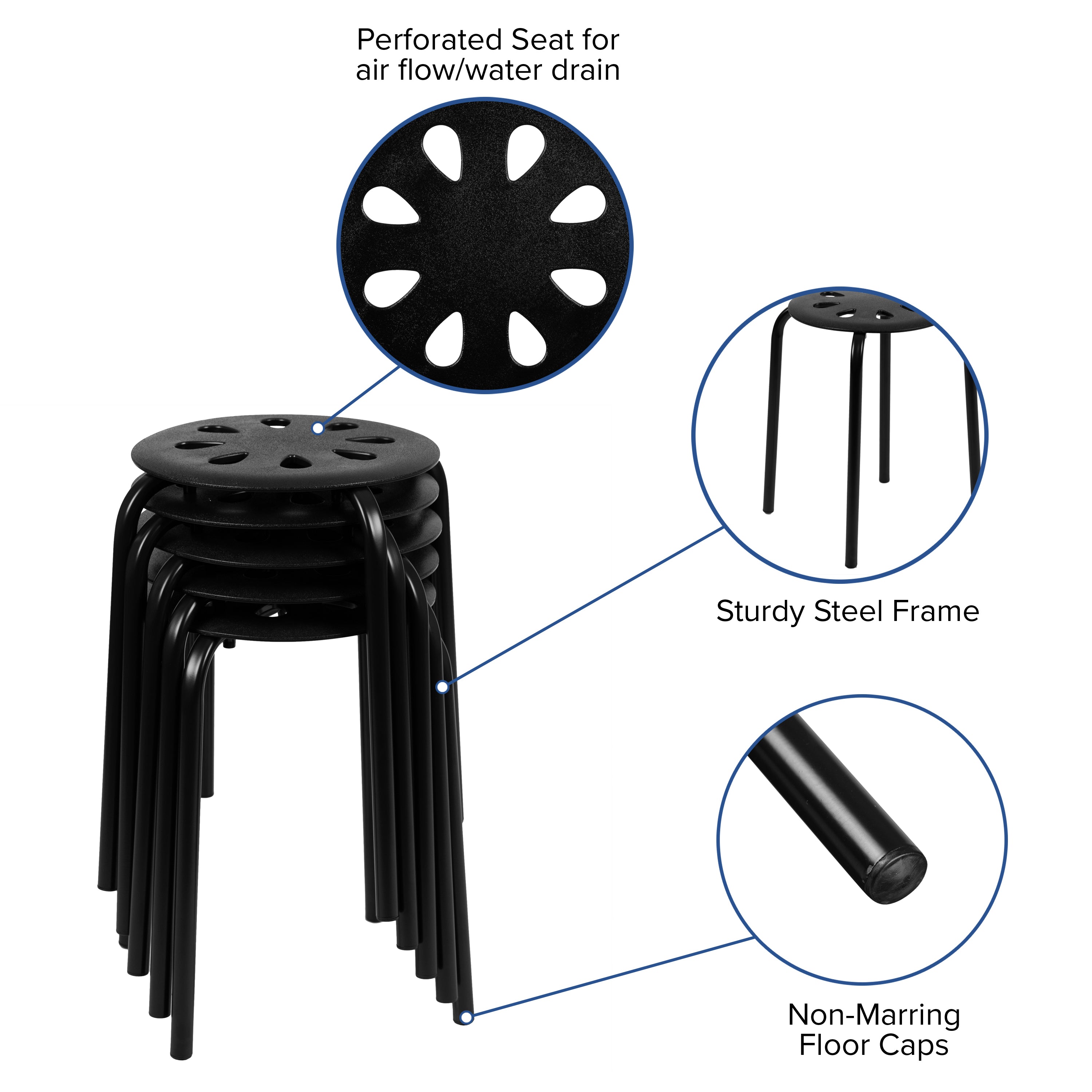 Bailey Plastic Nesting Stack Stools, 17.5"Height, Black (5 Pack)