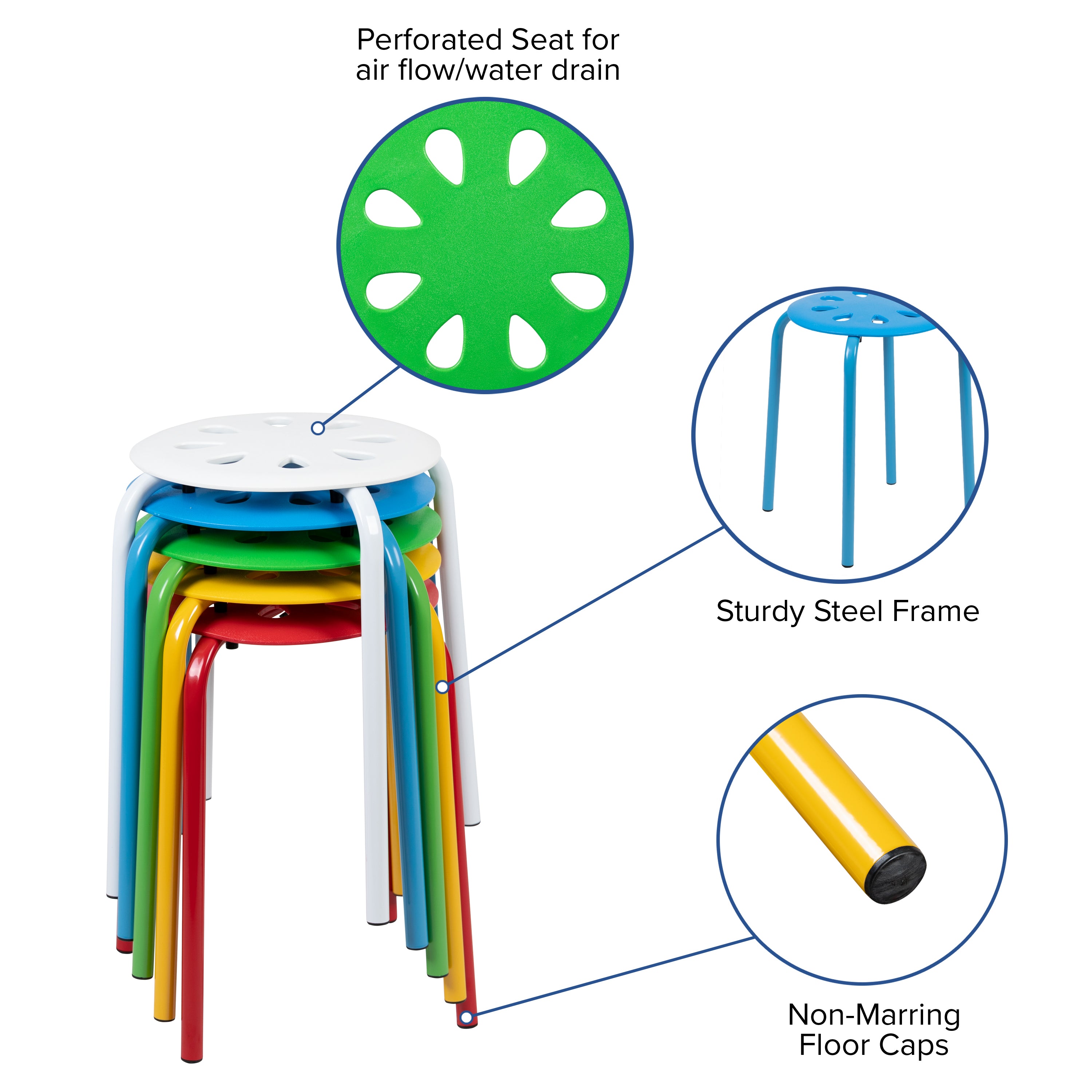 Bailey Plastic Nesting Stack Stools, 17.5"Height, Assorted Colors (5 Pack)