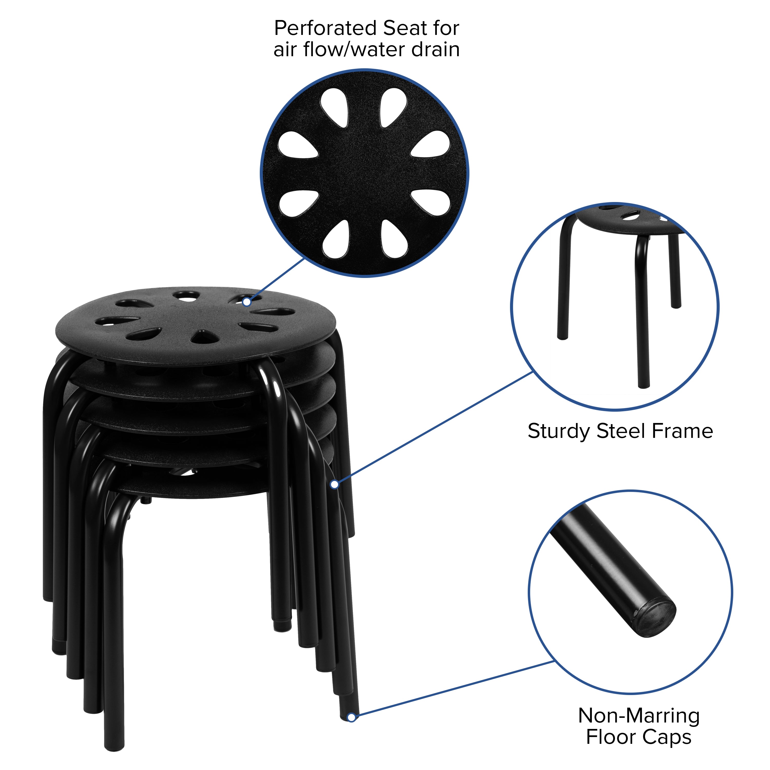 Bentley Plastic Nesting Stack Stools, 11.5"Height, Black (5 Pack)