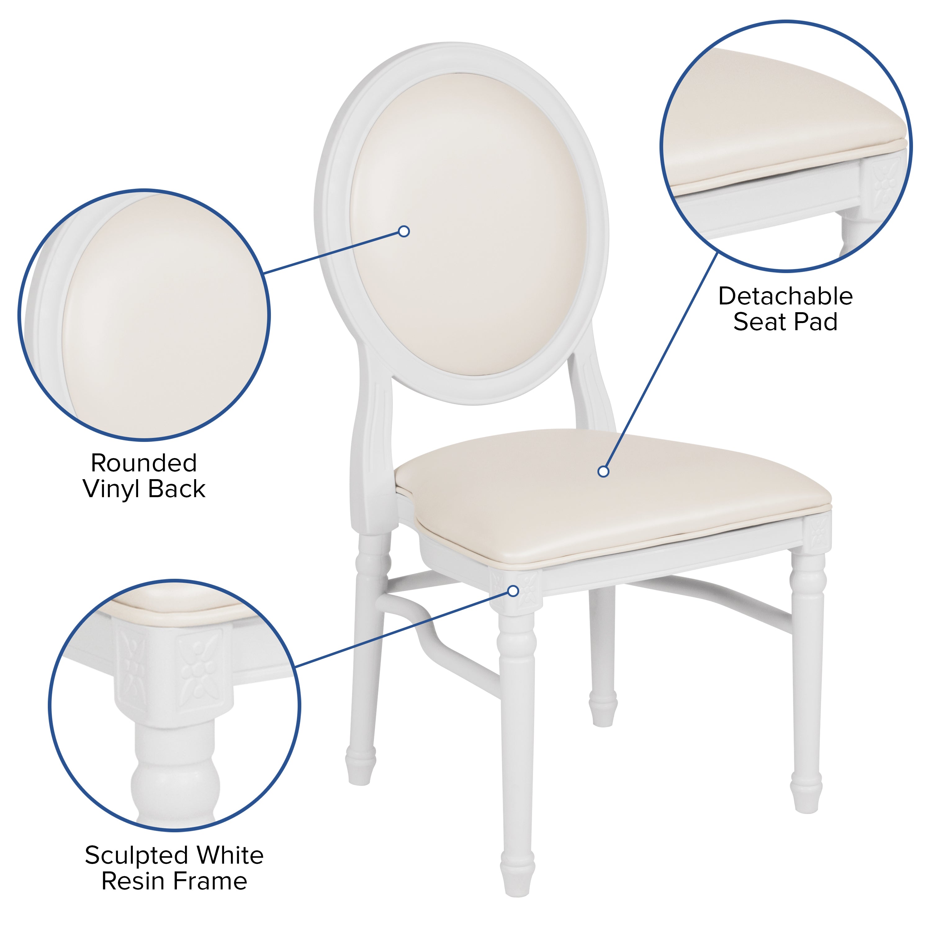 HERCULES Series 900 lb. Capacity King Louis Chair with White Vinyl Back and Seat and White Frame