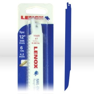LENOX Reciprocating Saw Blades, Type: Shatter resistant bi-metal blades, Length: 12", Width 3/4", Thickness: .050, TPI: 6, Package Qty: 5 blades per pack