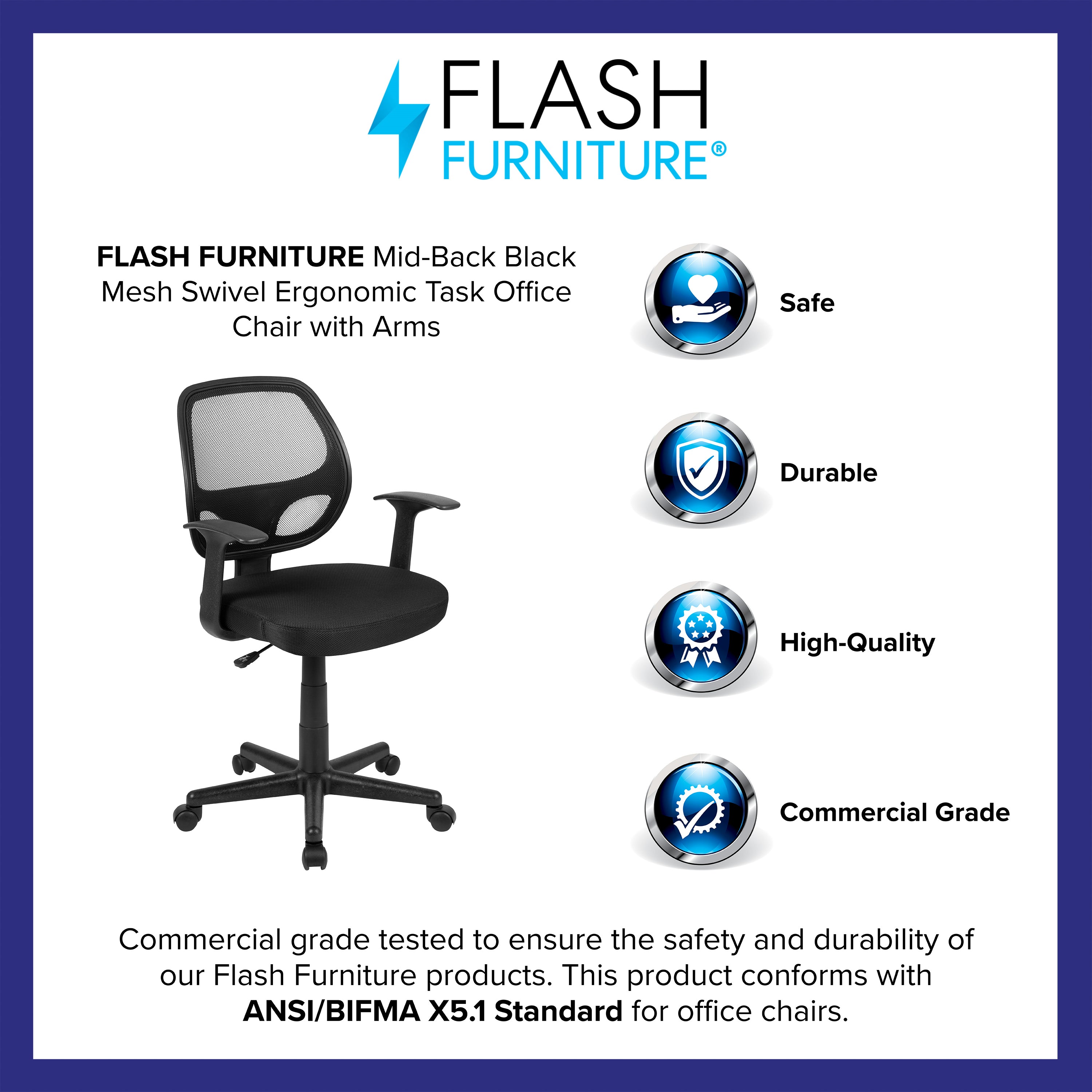 Flash Fundamentals Mid-Back Black Mesh Swivel Ergonomic Task Office Chair with Arms