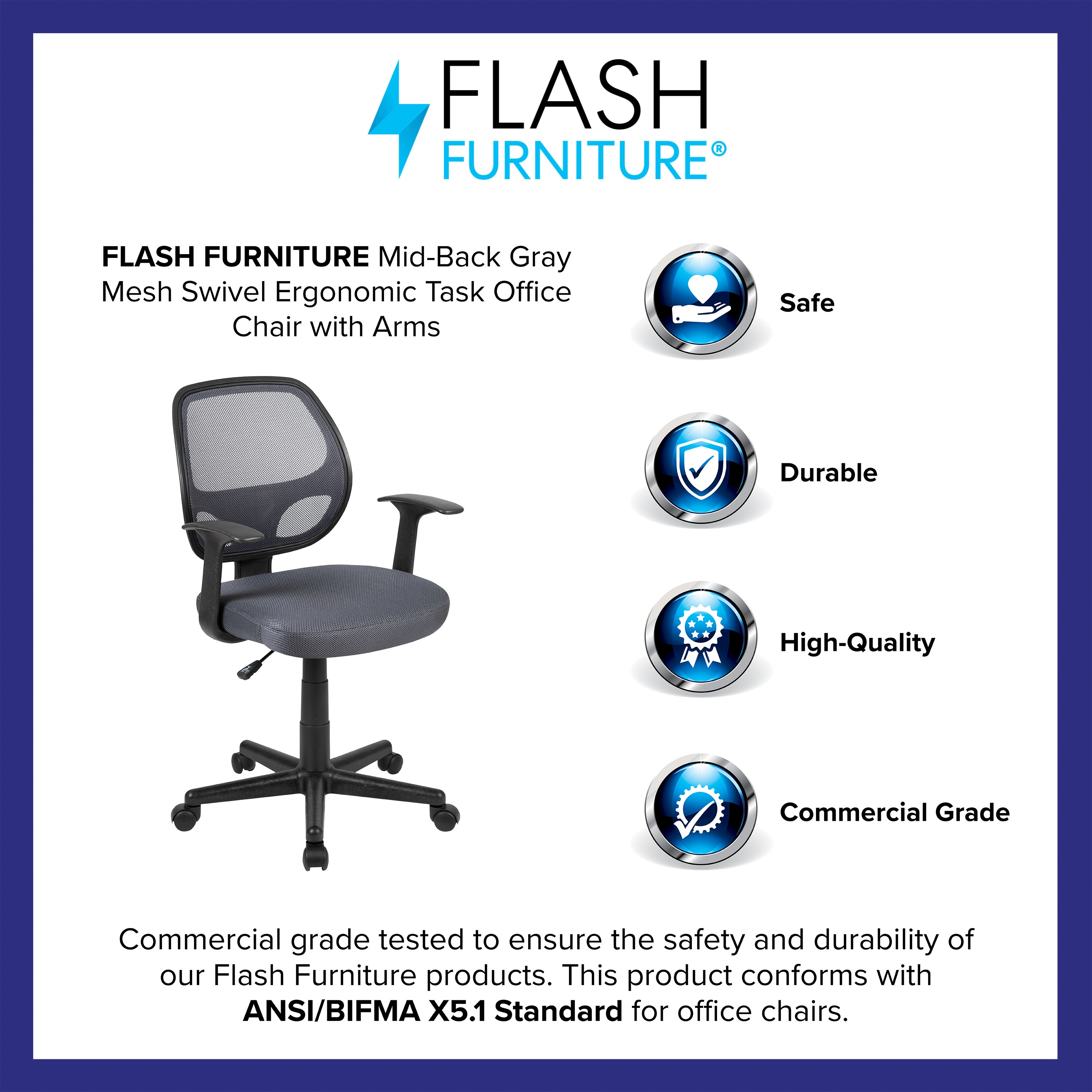Flash Fundamentals Mid-Back Gray Mesh Swivel Ergonomic Task Office Chair with Arms