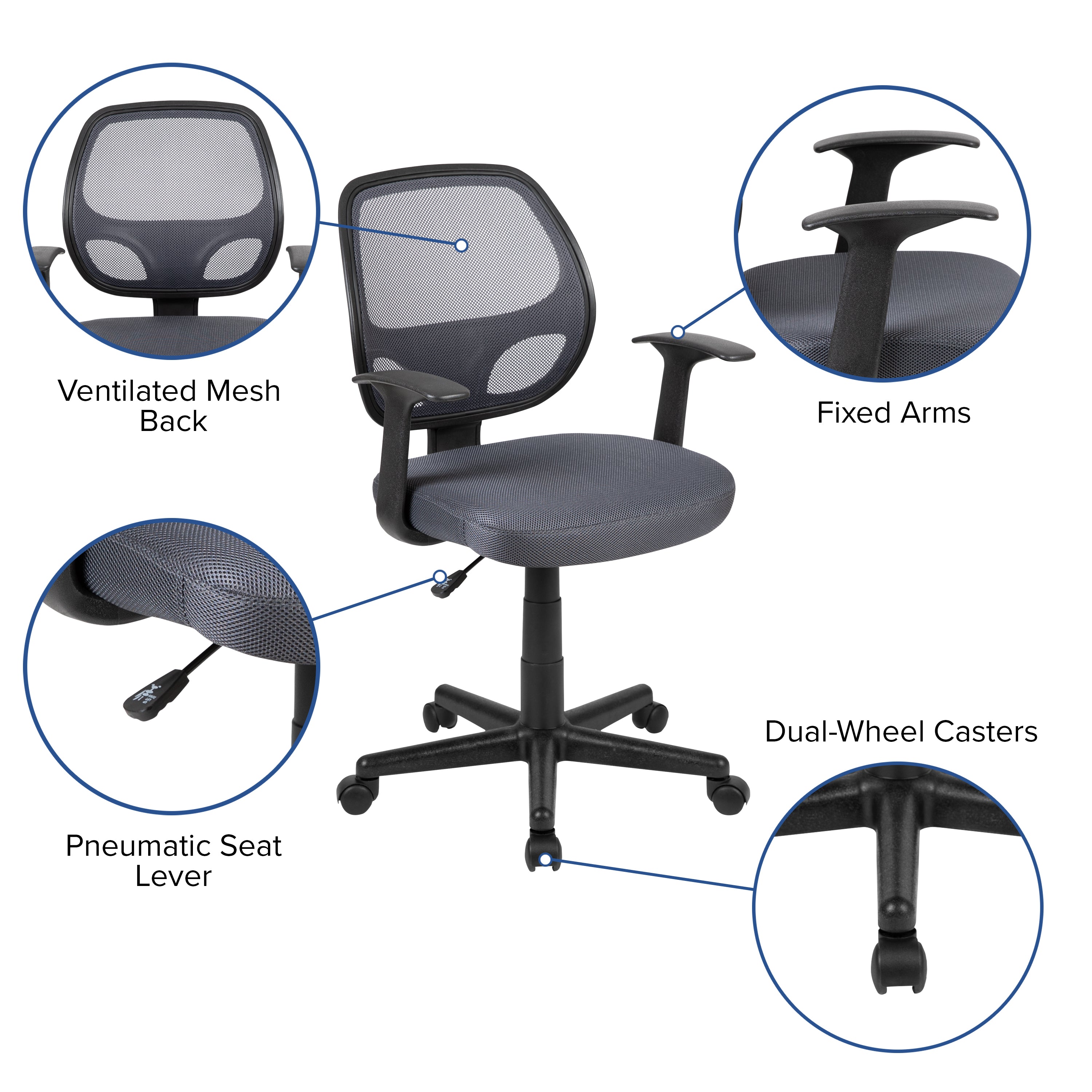 Flash Fundamentals Mid-Back Gray Mesh Swivel Ergonomic Task Office Chair with Arms