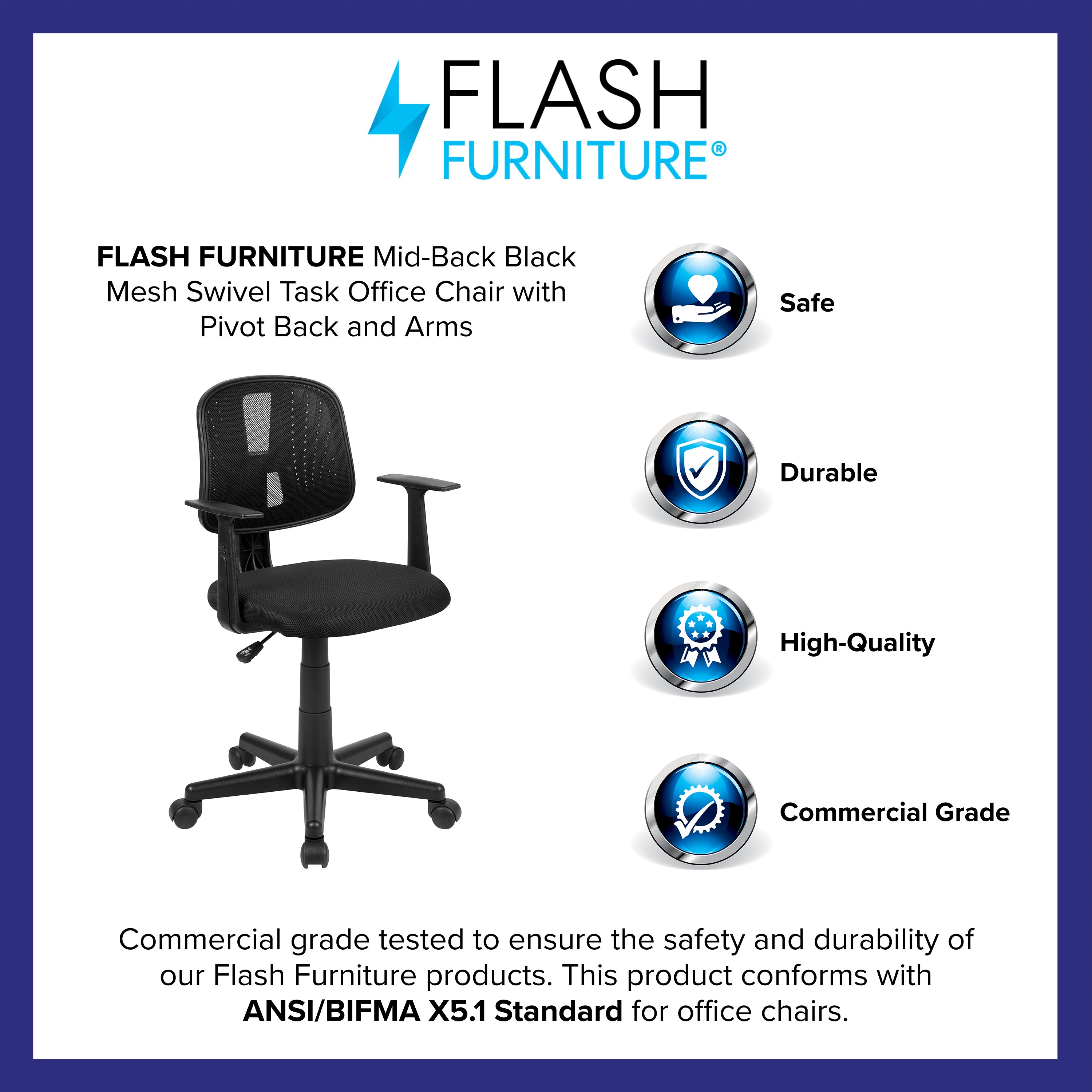 Flash Fundamentals Mid-Back Black Mesh Swivel Task Office Chair with Pivot Back and Arms