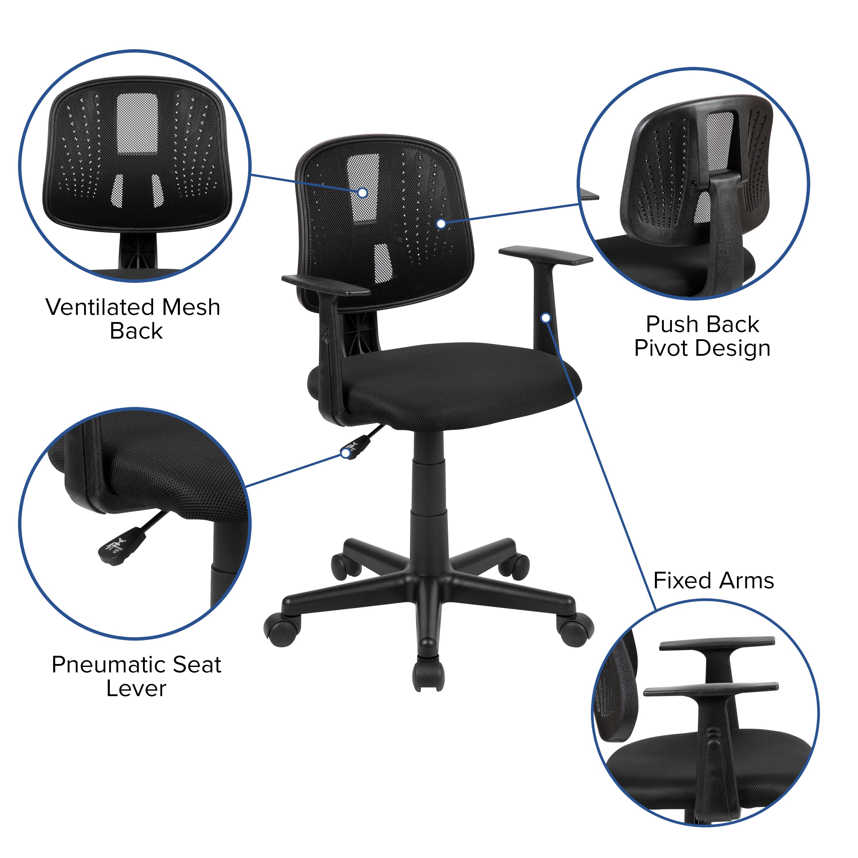 Flash Fundamentals Mid-Back Black Mesh Swivel Task Office Chair with Pivot Back and Arms