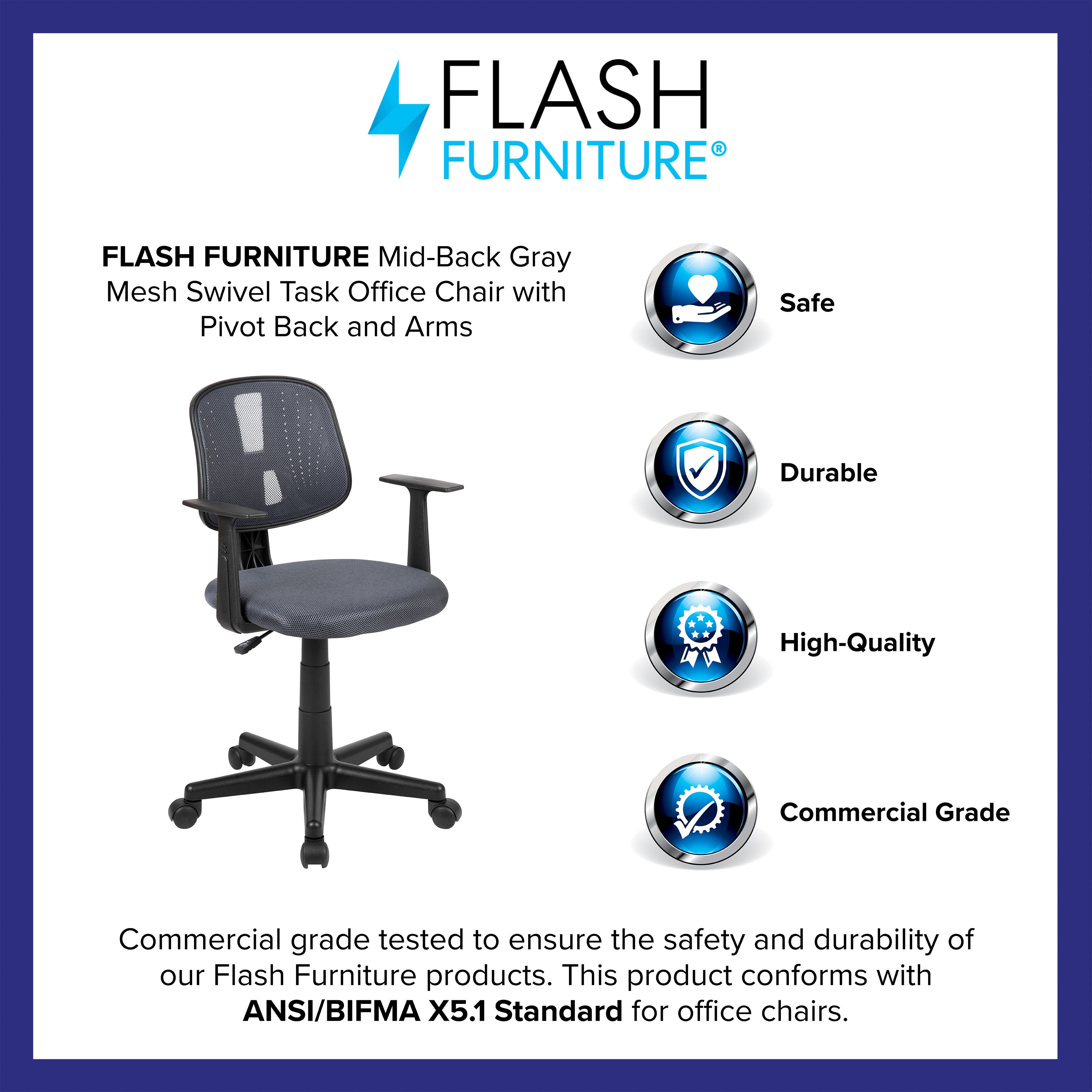 Flash Fundamentals Mid-Back Gray Mesh Swivel Task Office Chair with Pivot Back and Arms