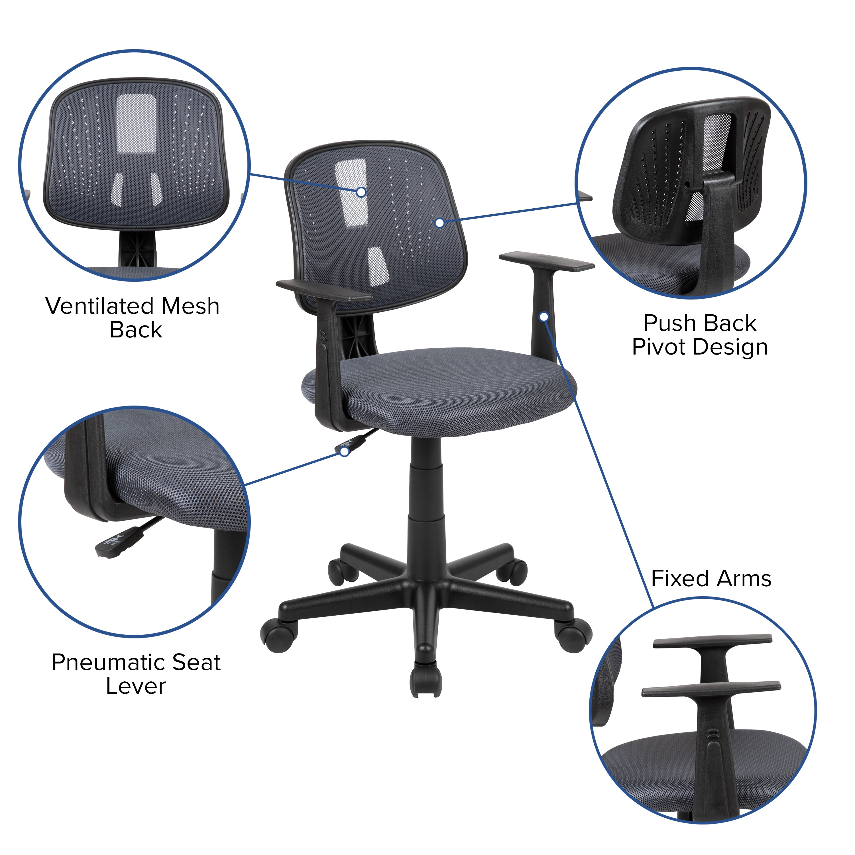 Flash Fundamentals Mid-Back Gray Mesh Swivel Task Office Chair with Pivot Back and Arms