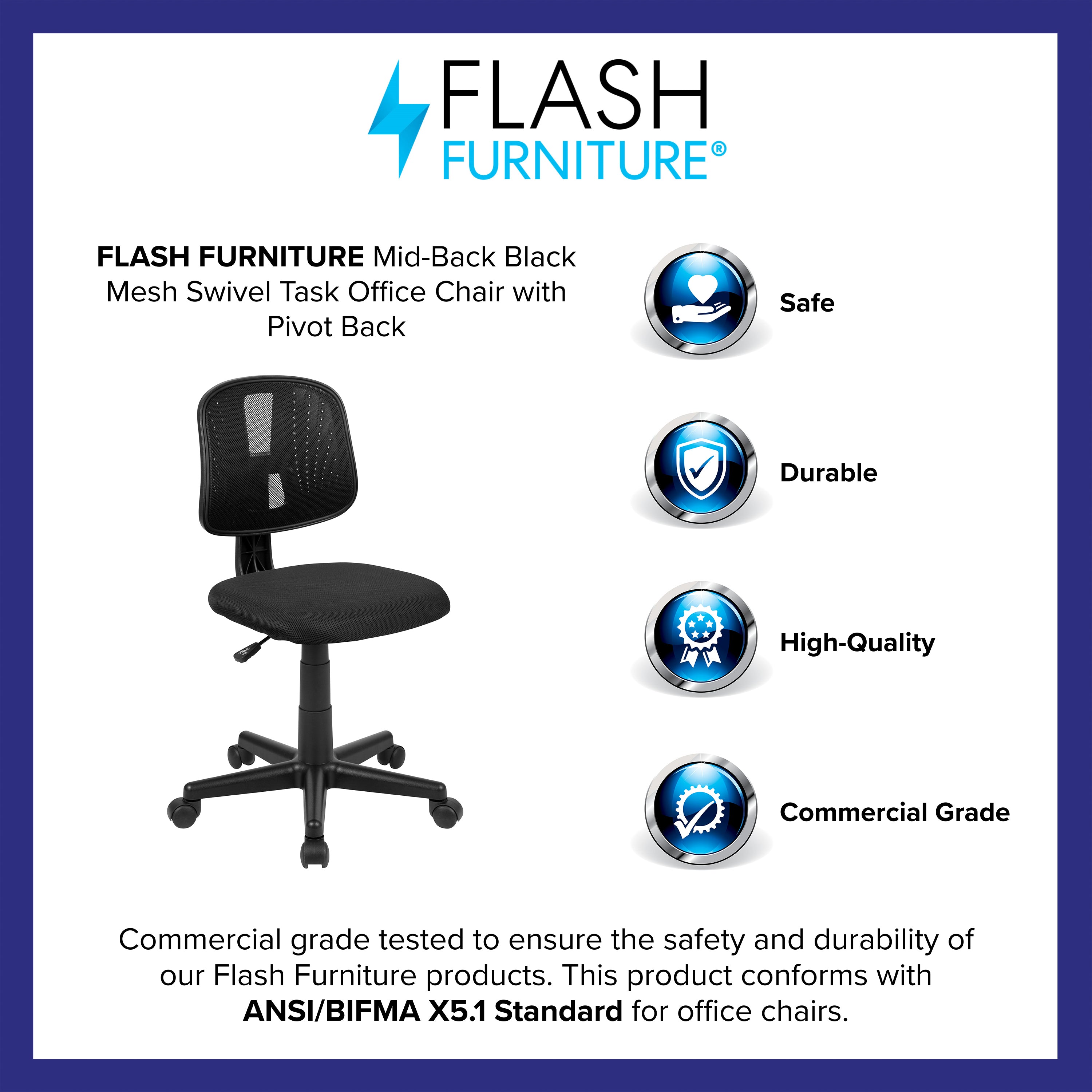 Flash Fundamentals Mid-Back Black Mesh Swivel Task Office Chair with Pivot Back