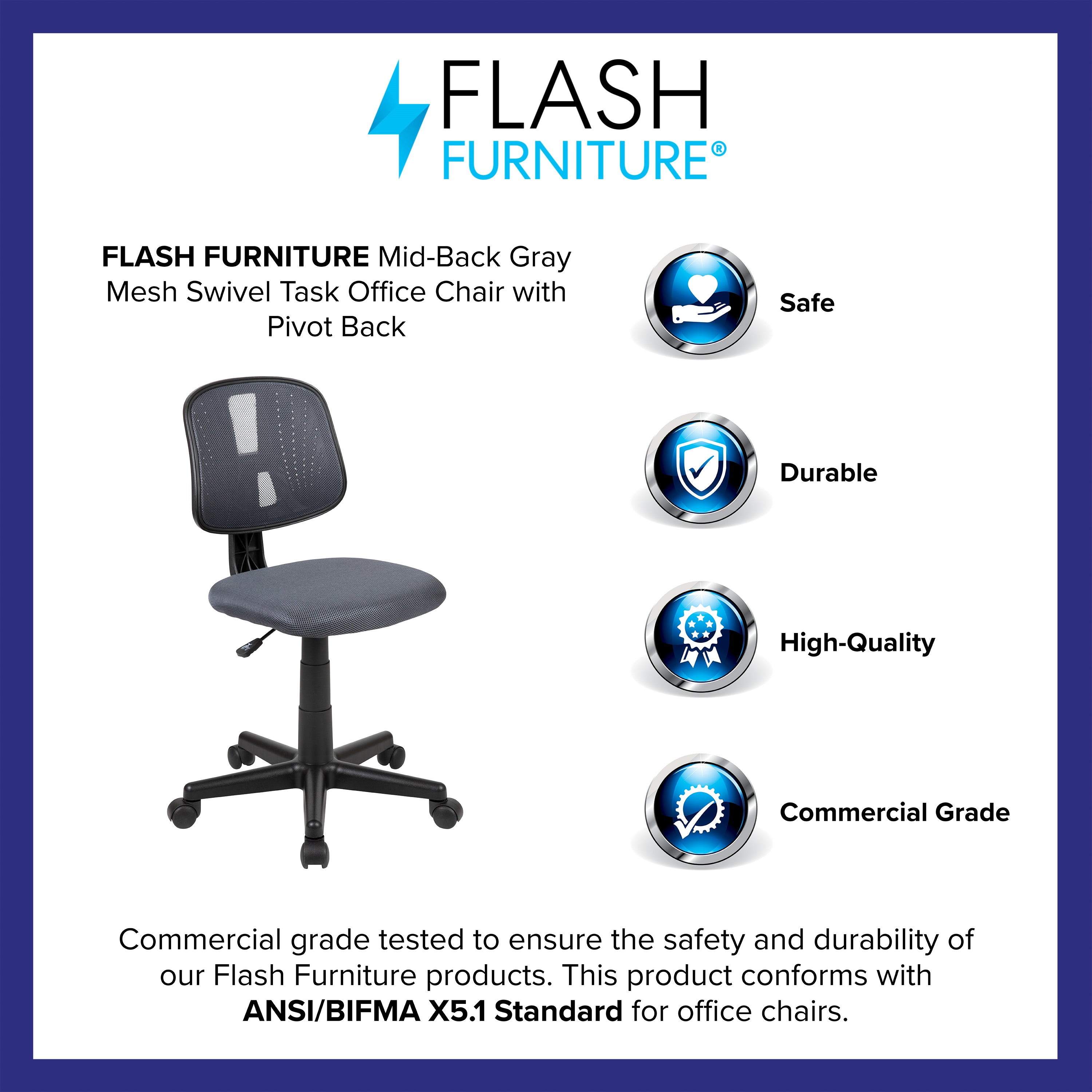 Flash Fundamentals Mid-Back Gray Mesh Swivel Task Office Chair with Pivot Back
