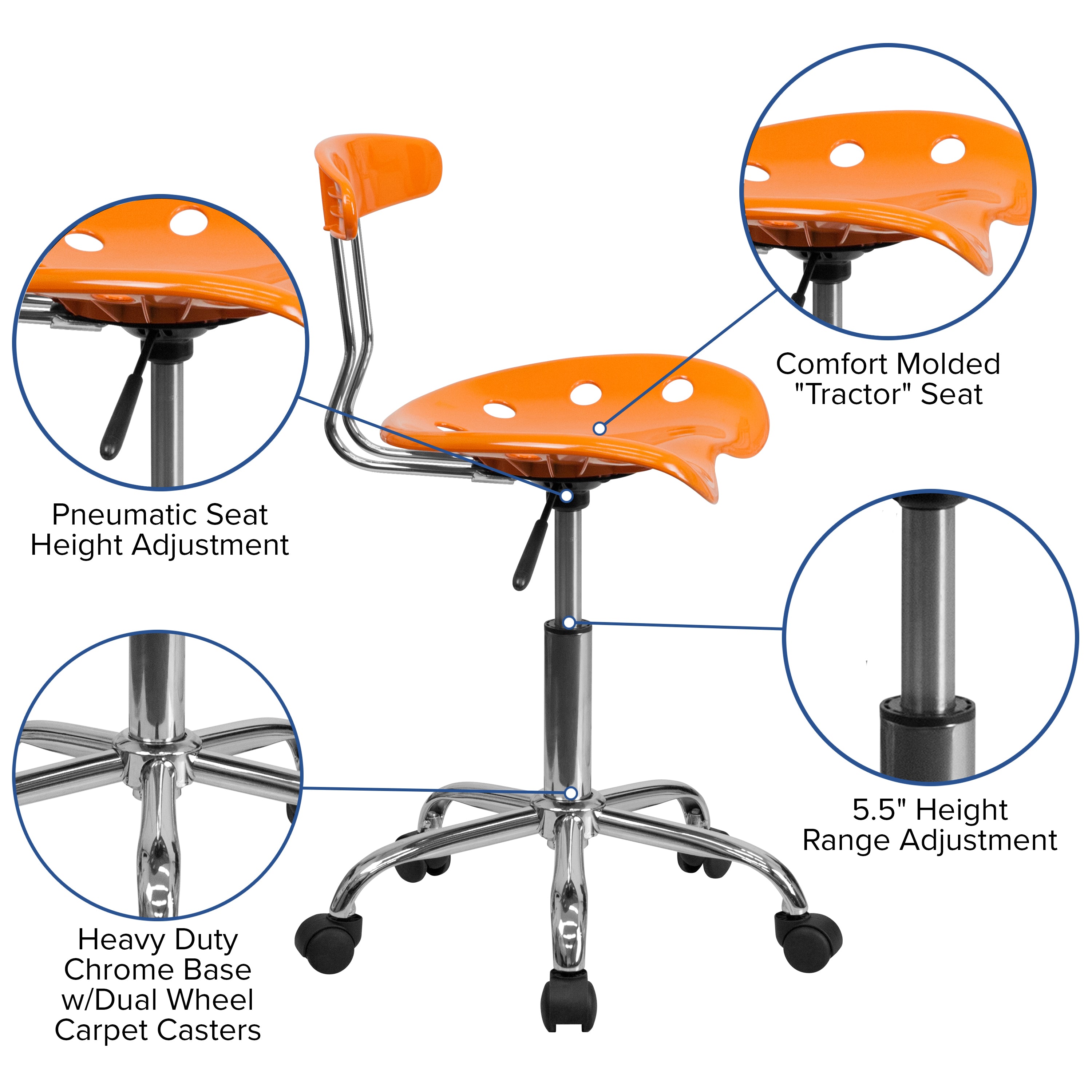 Elliott Vibrant Orange and Chrome Swivel Task Office Chair with Tractor Seat