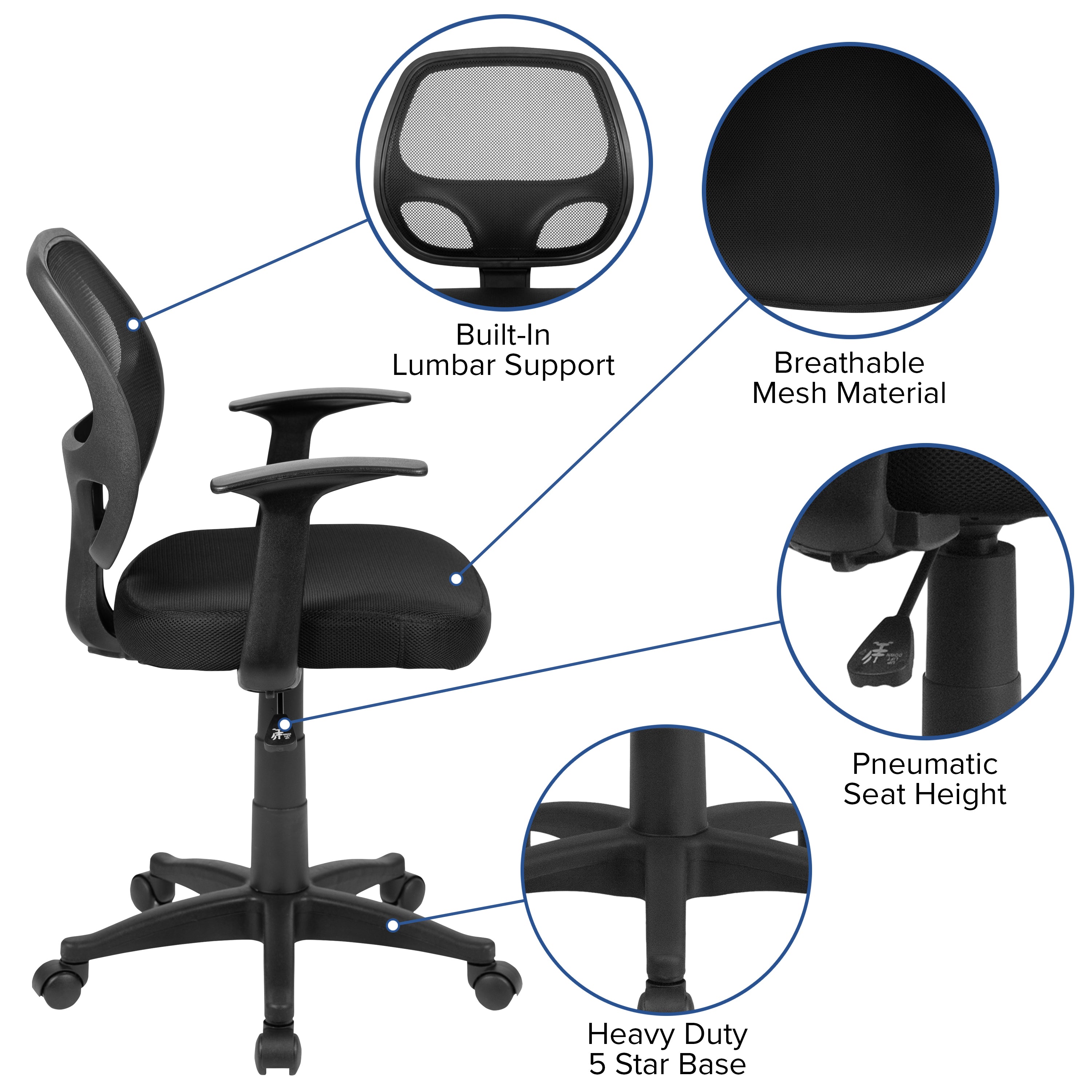 Mallard Mid-Back Black Mesh Swivel Ergonomic Task Office Chair with T-Arms - Desk Chair