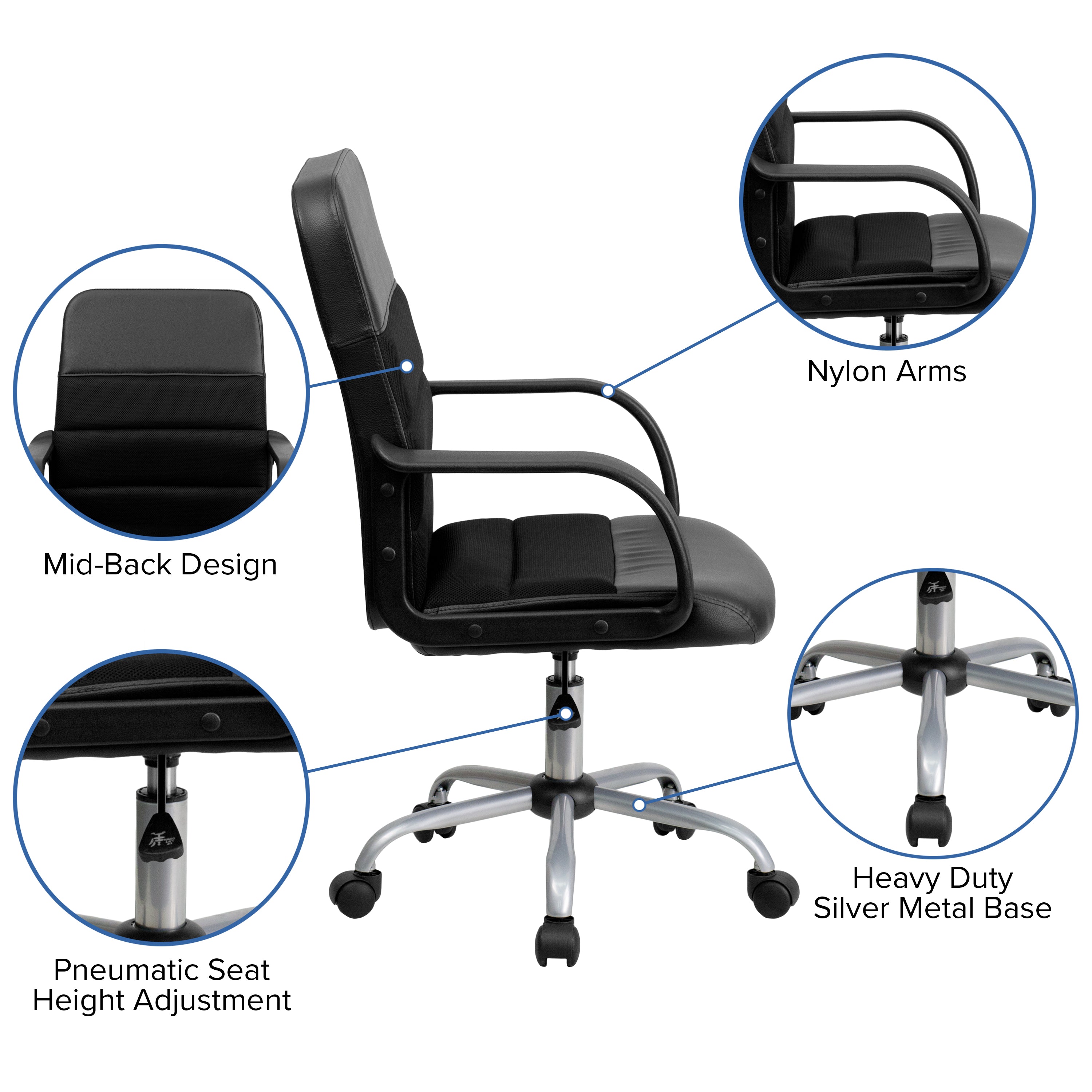 Manor Mid-Back Black LeatherSoft and Mesh Swivel Task Office Chair with Arms