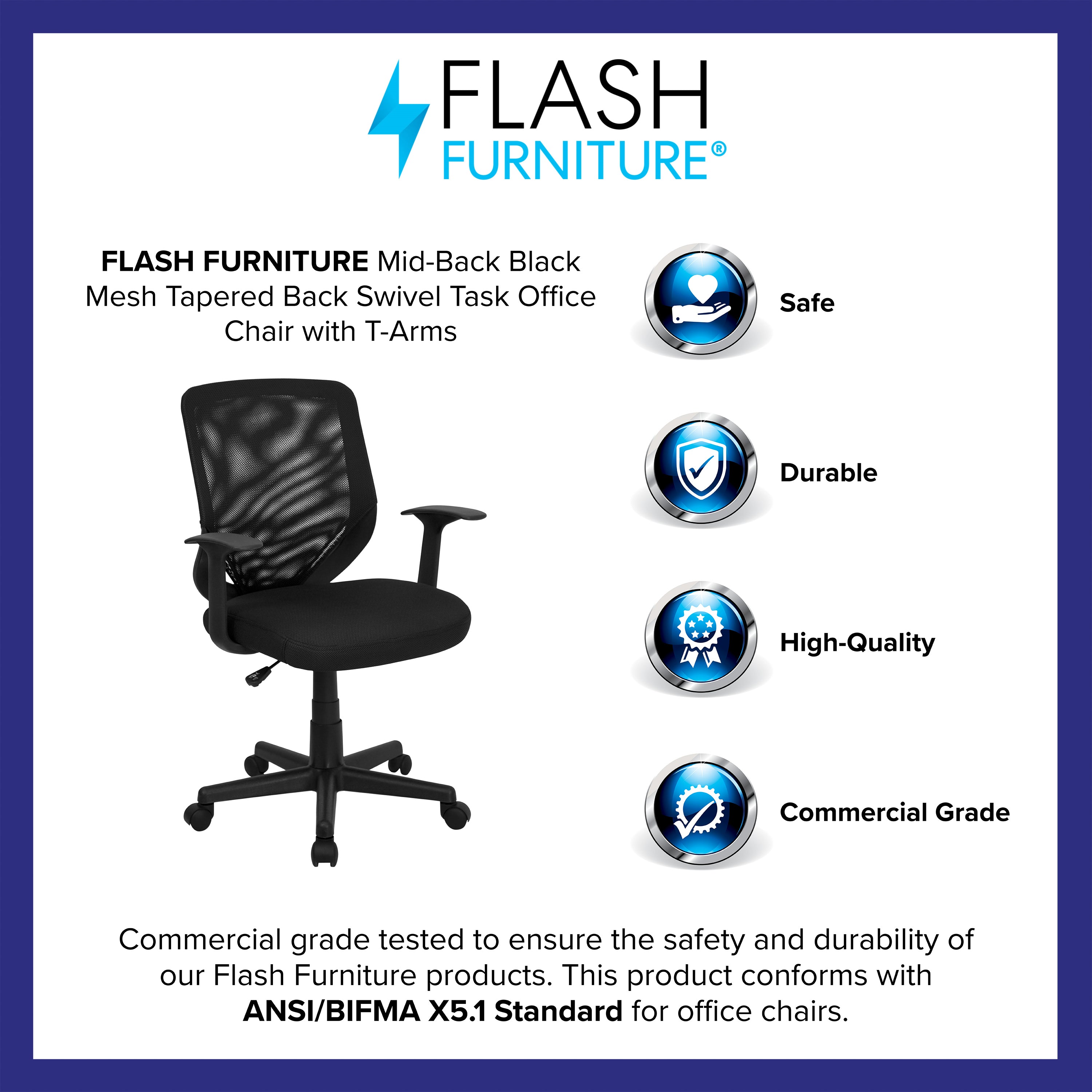 Norris Mid-Back Black Mesh Tapered Back Swivel Task Office Chair with T-Arms