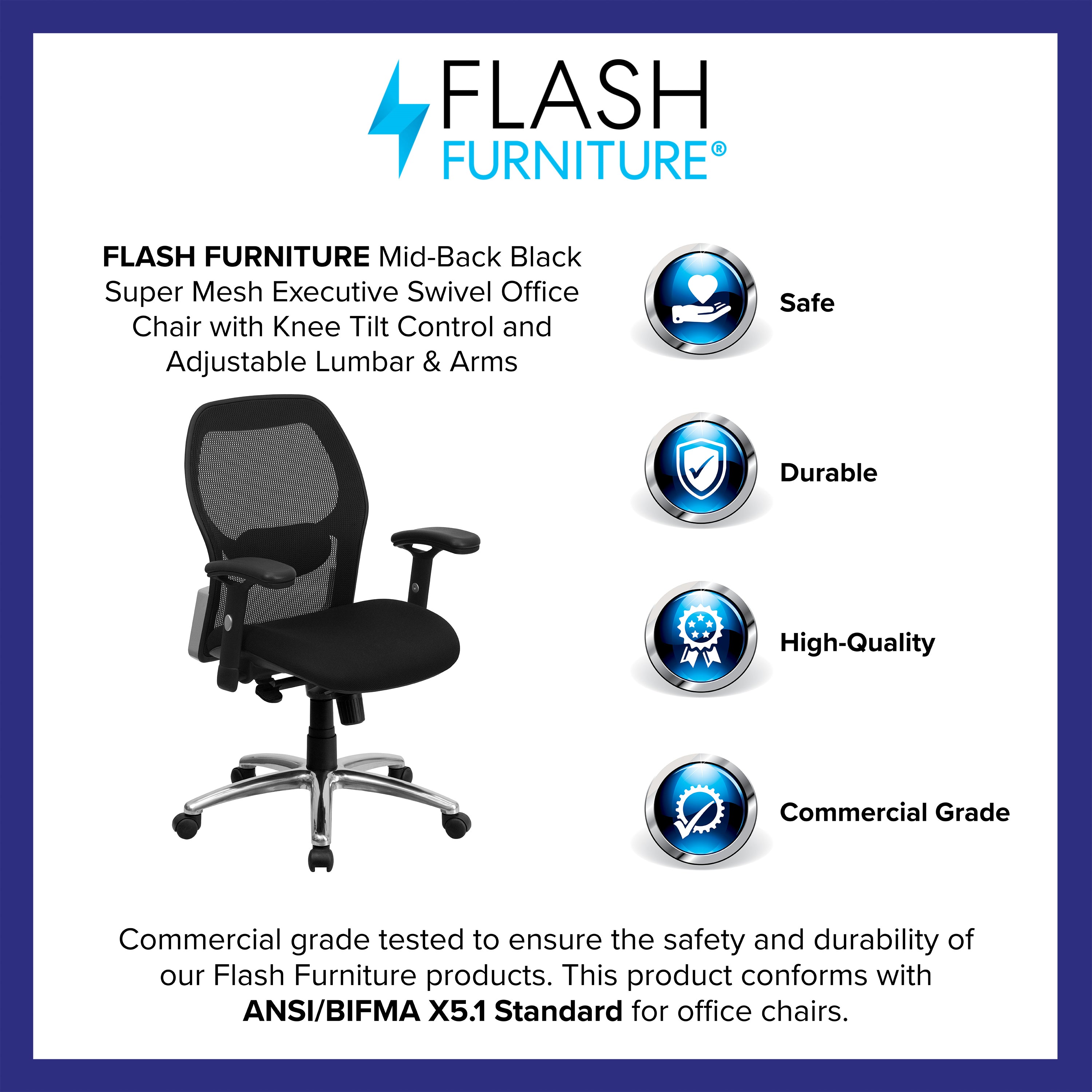 Albert Mid-Back Black Super Mesh Executive Swivel Office Chair with Knee Tilt Control and Adjustable Lumbar & Arms