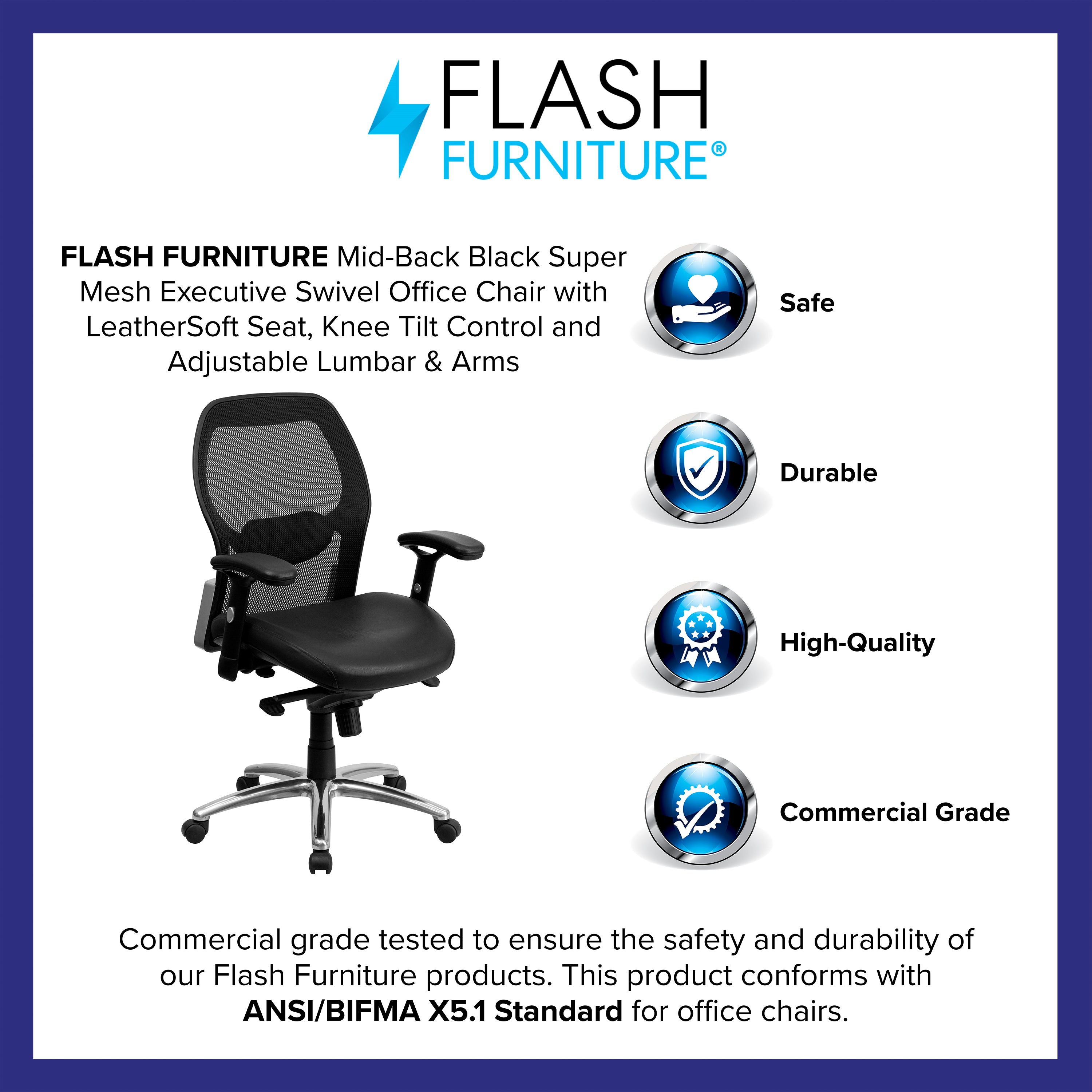 Albert Mid-Back Black Super Mesh Executive Swivel Office Chair with LeatherSoft Seat, Knee Tilt Control and Adjustable Lumbar & Arms