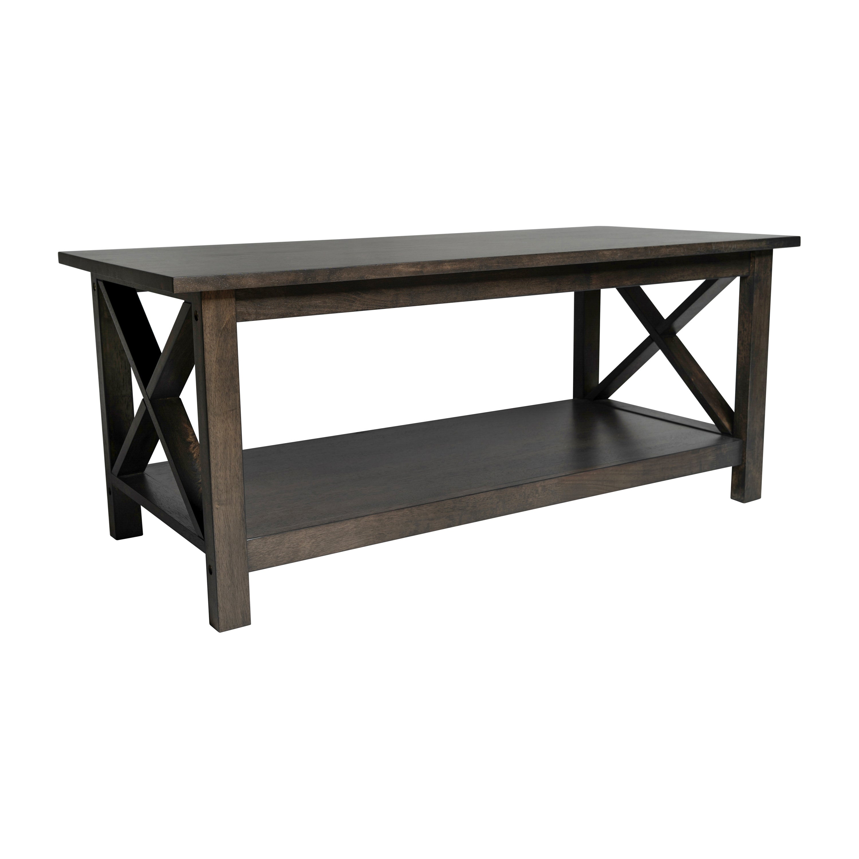 Jasper Farmhouse Style Solid Wood Coffee Table with Traditional X-Frame Design and Lower Shelf in Dark Gray