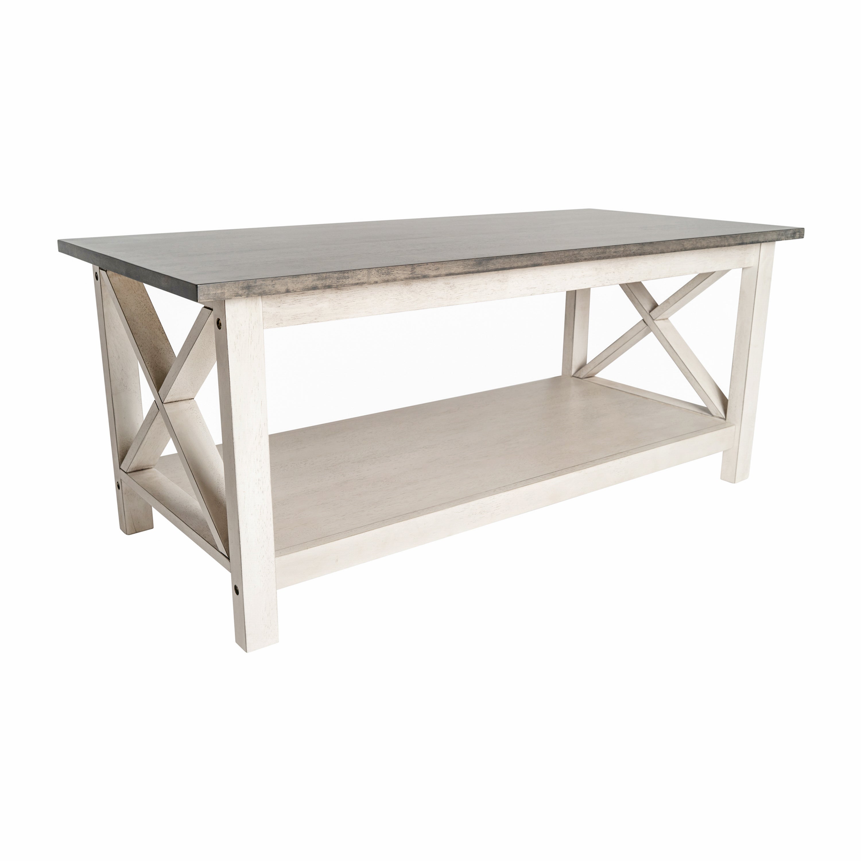 Jasper Farmhouse Style Solid Wood Coffee Table with Traditional X-Frame Design and Lower Shelf in Acacia Gray and Rustic White