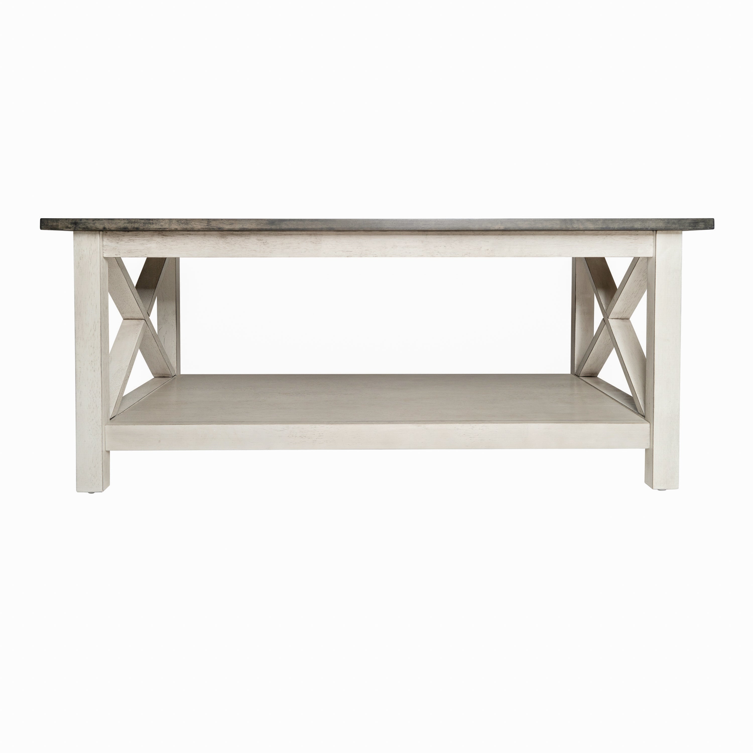 Jasper Farmhouse Style Solid Wood Coffee Table with Traditional X-Frame Design and Lower Shelf in Acacia Gray and Rustic White