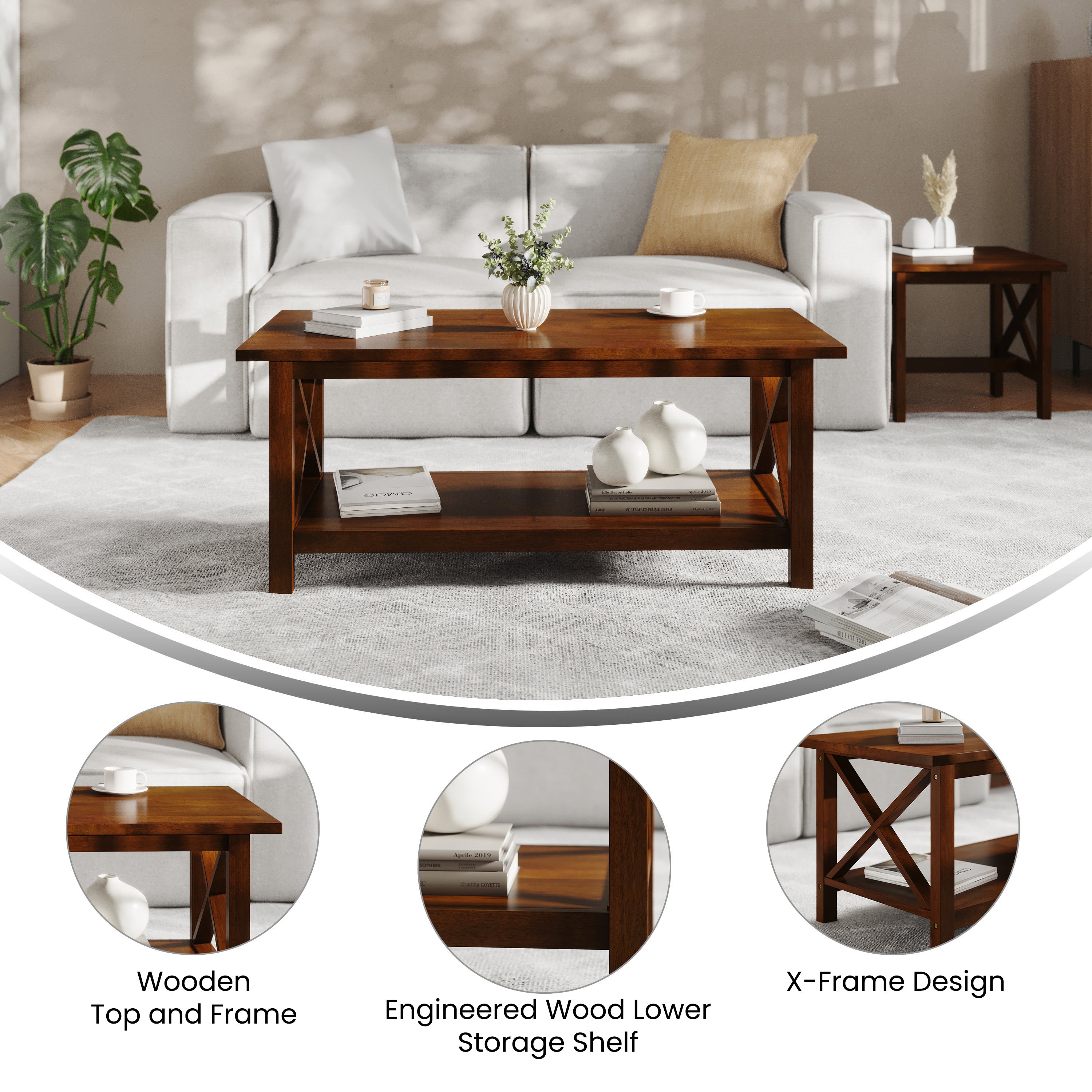 Jasper Farmhouse Style Solid Wood Coffee Table with Traditional X-Frame Design and Lower Shelf in Walnut