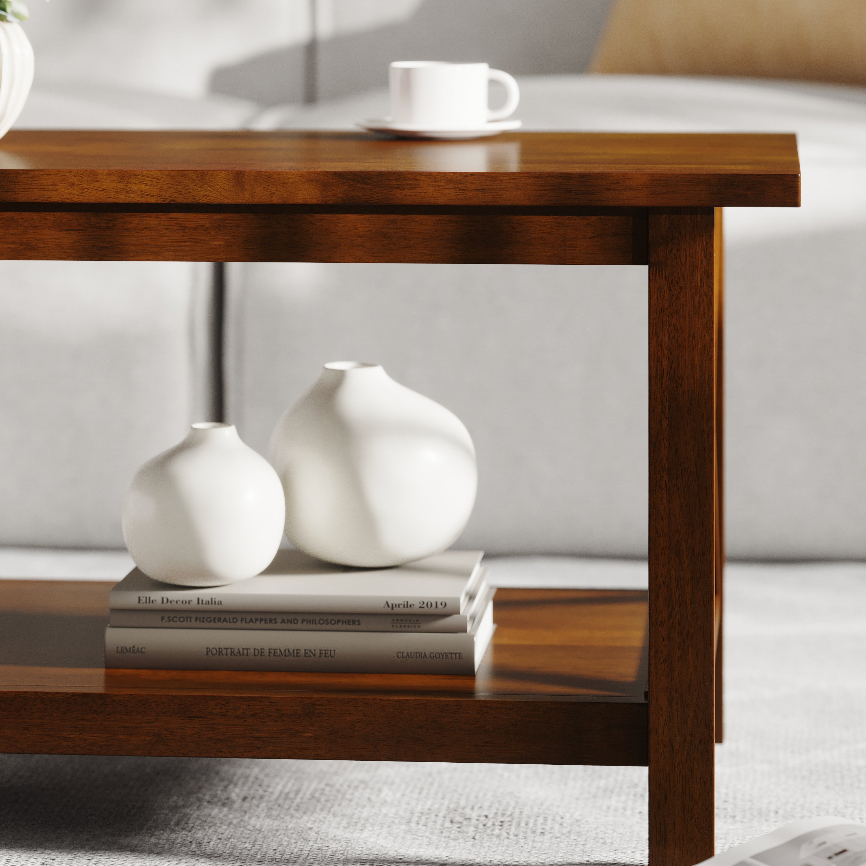 Jasper Farmhouse Style Solid Wood Coffee Table with Traditional X-Frame Design and Lower Shelf in Walnut