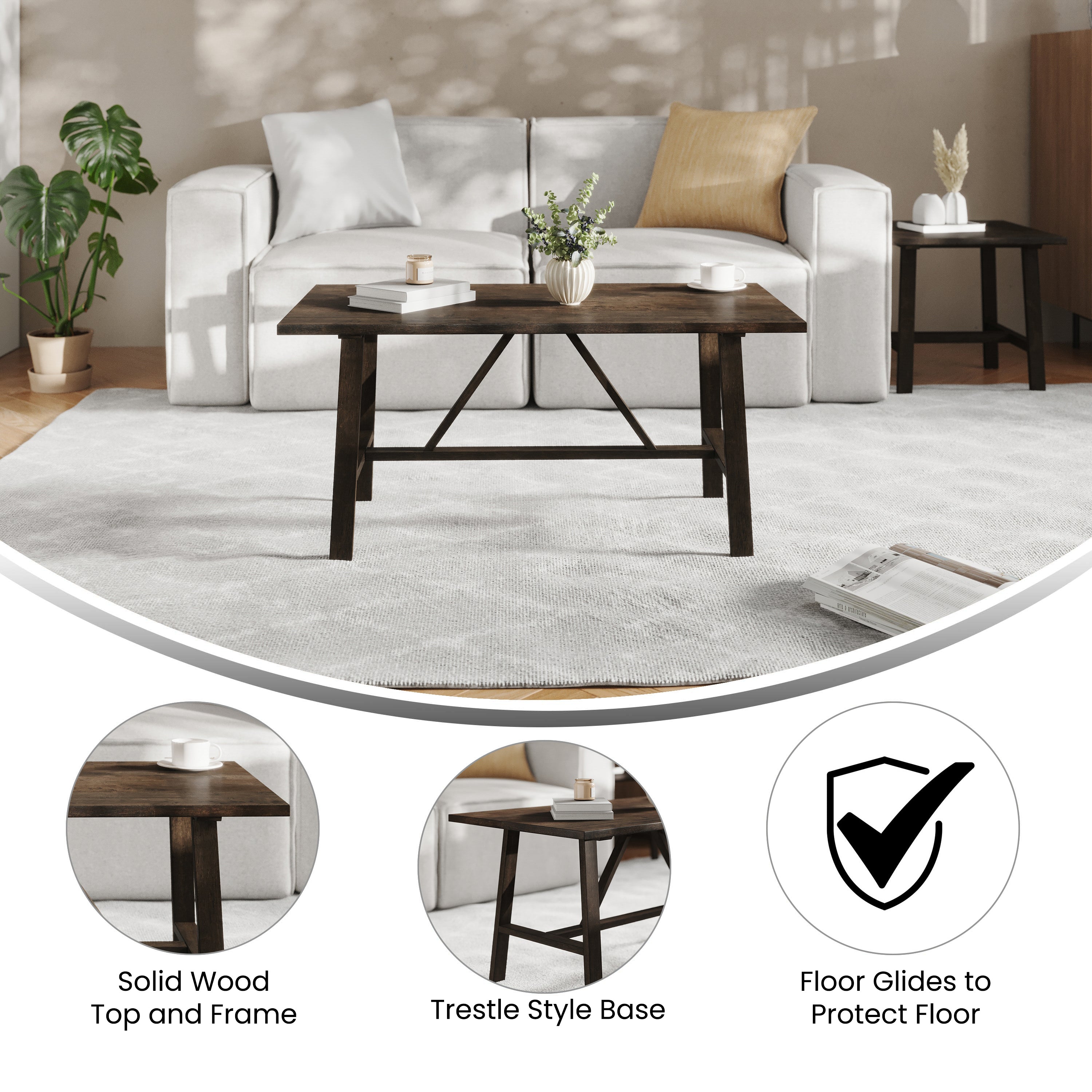 Eli Solid Wood Farmhouse Coffee Table, Trestle Style Accent Table in Dark Gray